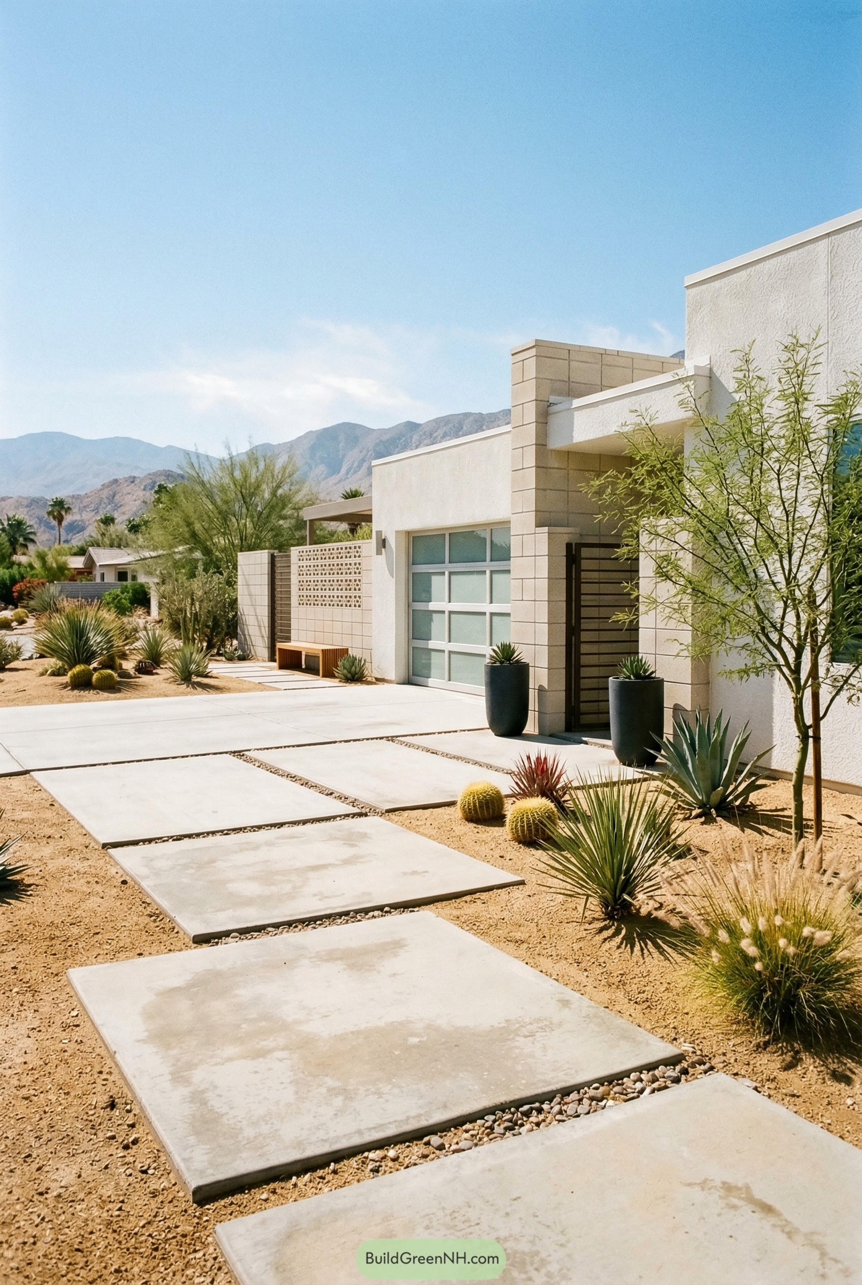 Modern desert driveway with floating concrete slabs