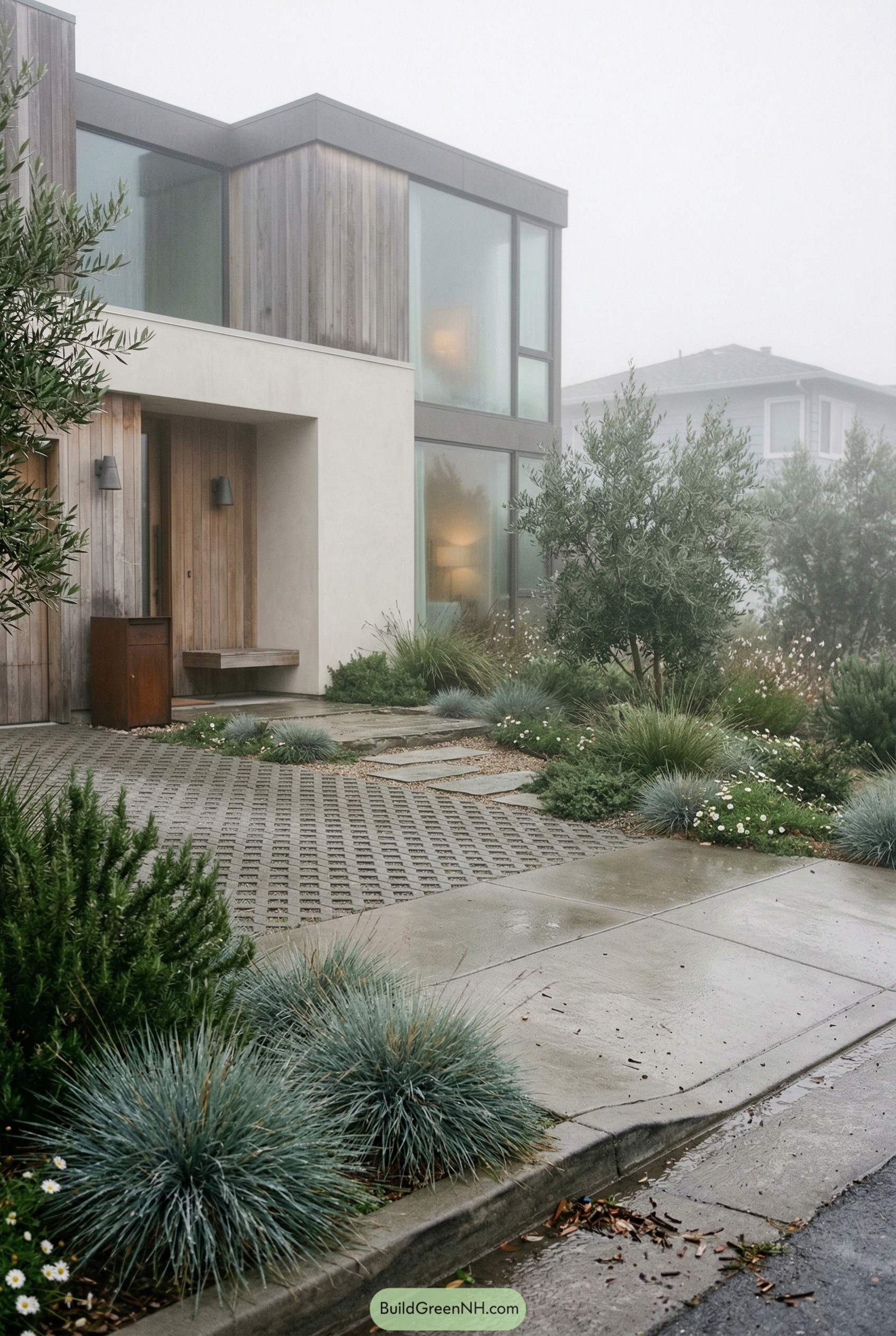 Modern home with grid paver driveway and soft planting