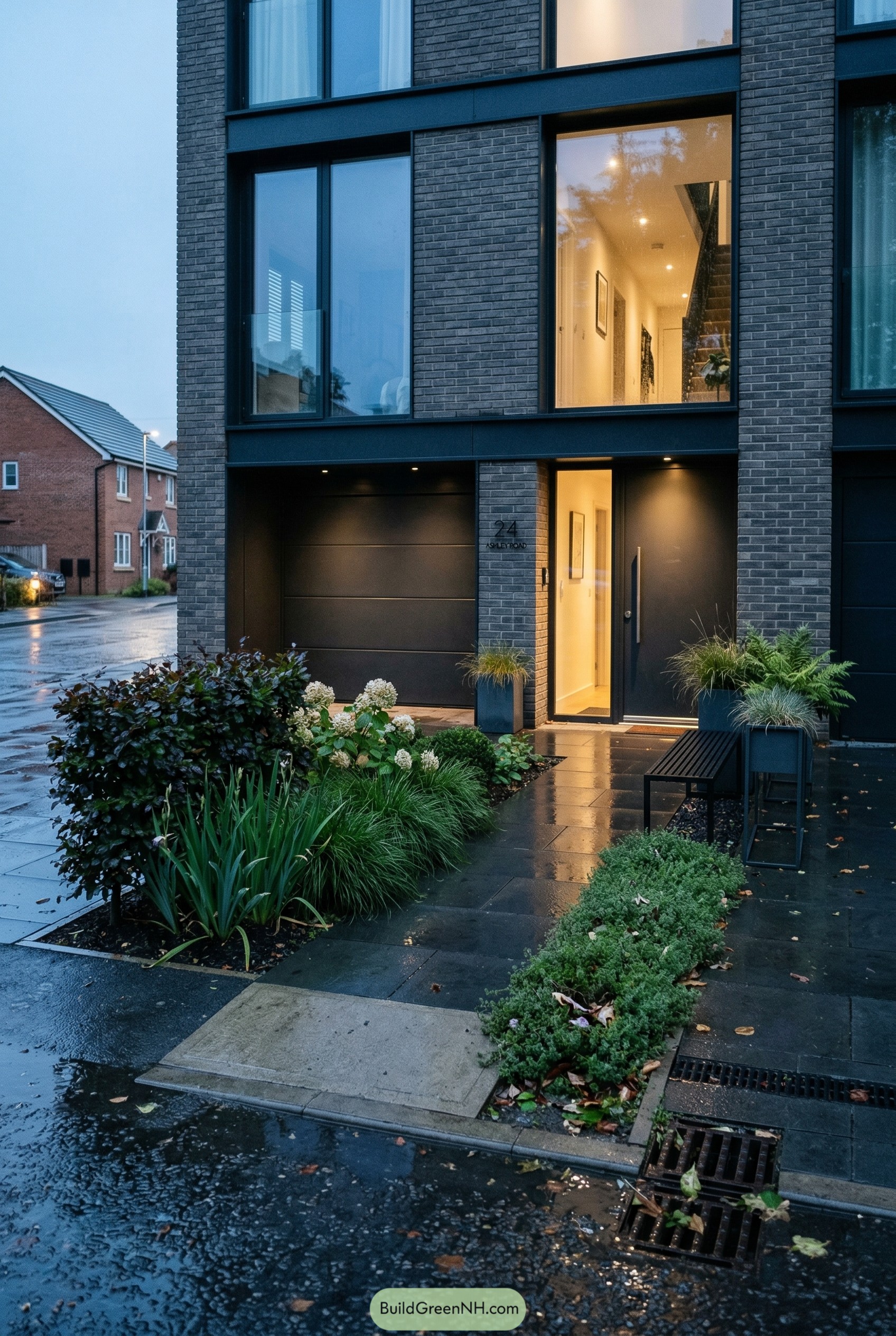 Modern brick entry with dark paving and planting beds