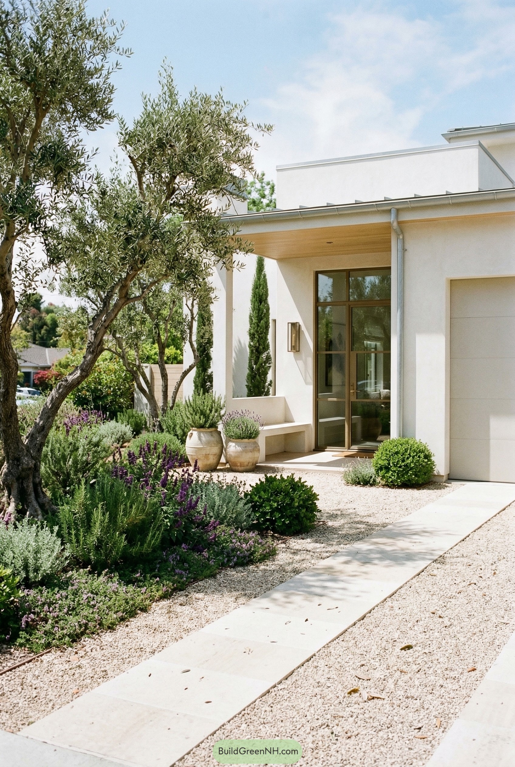 Gravel ribbon driveway with olive trees