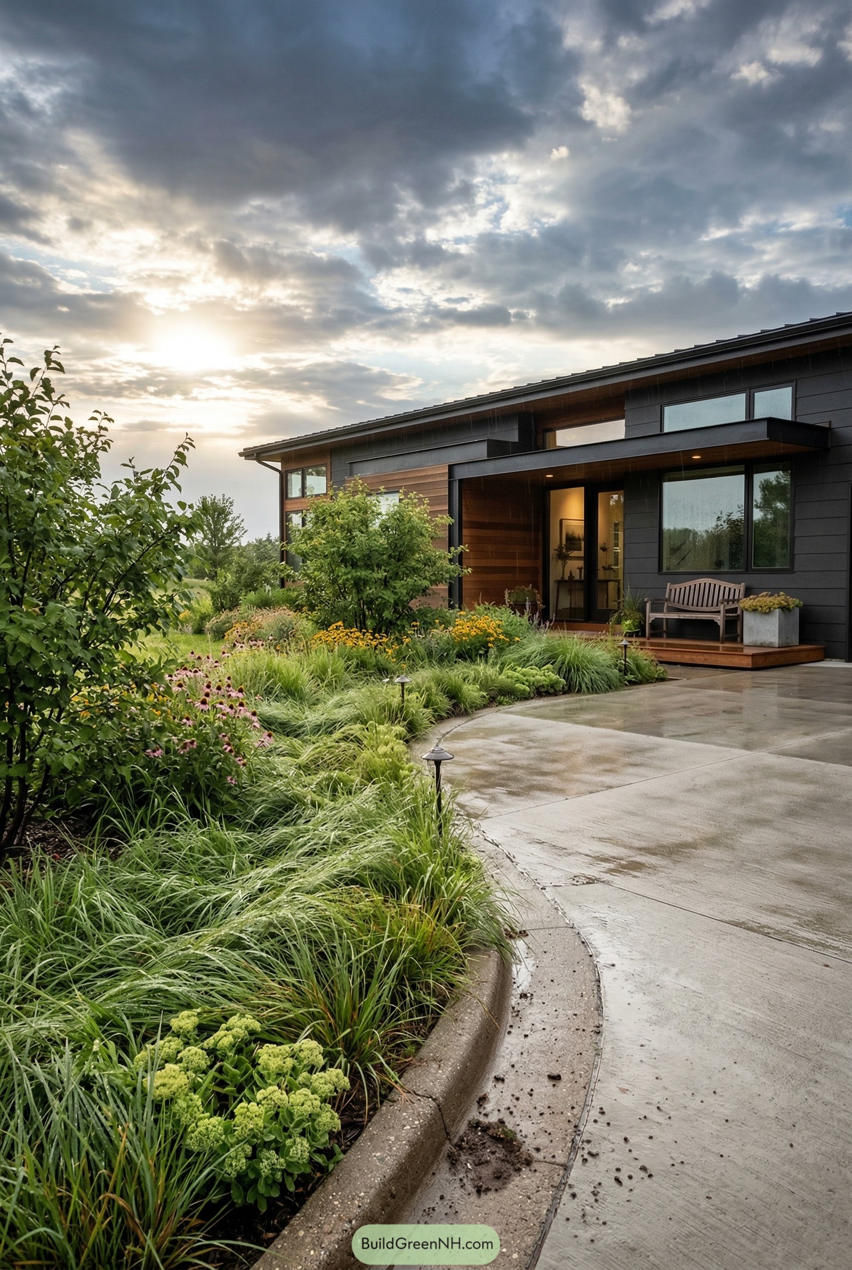 Curved concrete driveway with lush prairie planting
