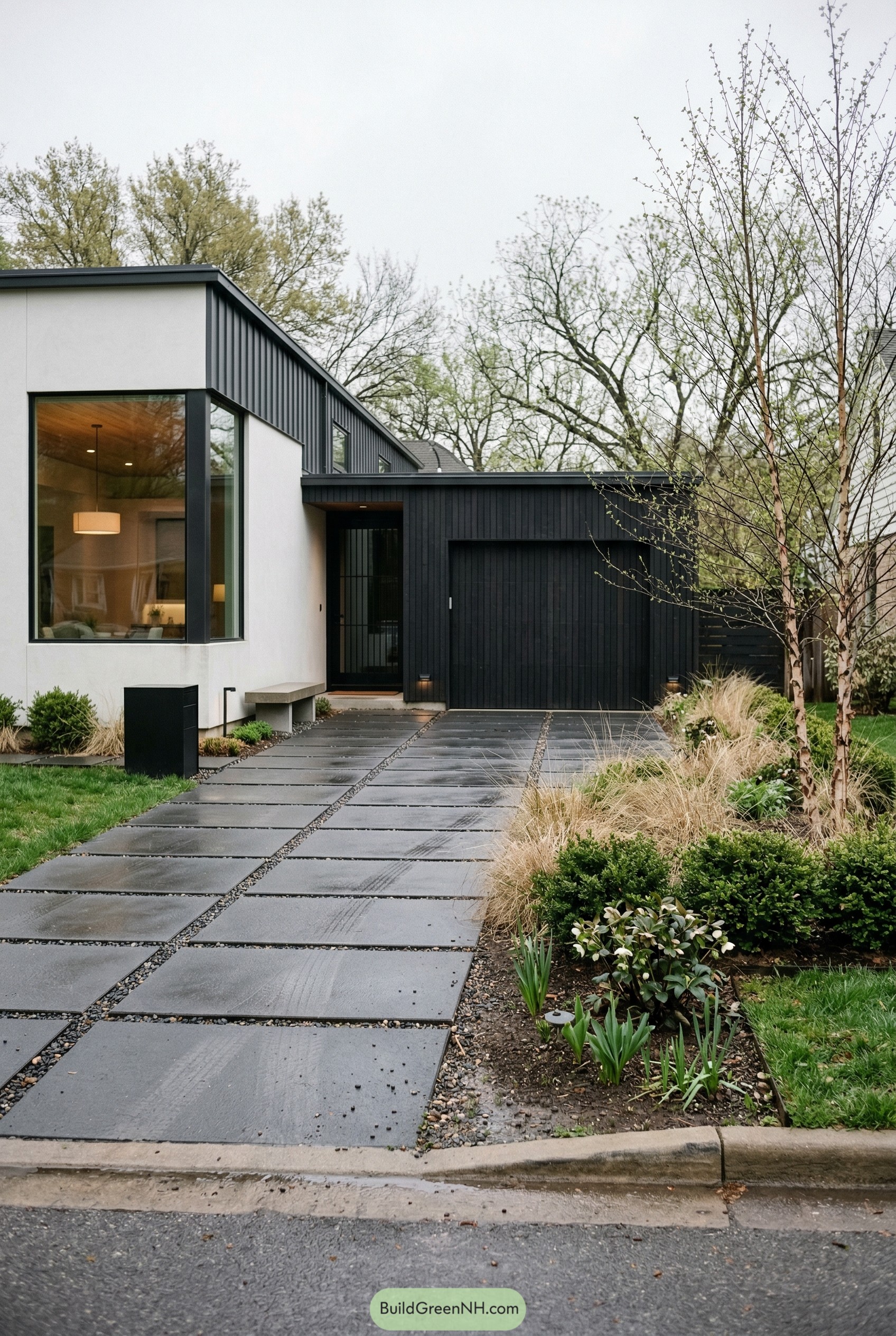 Modern front yard with slab driveway and black cladding