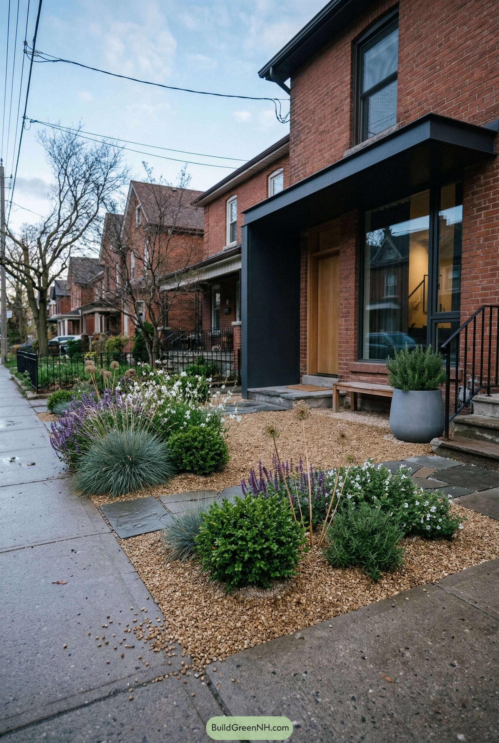 Urban front yard gravel garden with shrubs and lavender