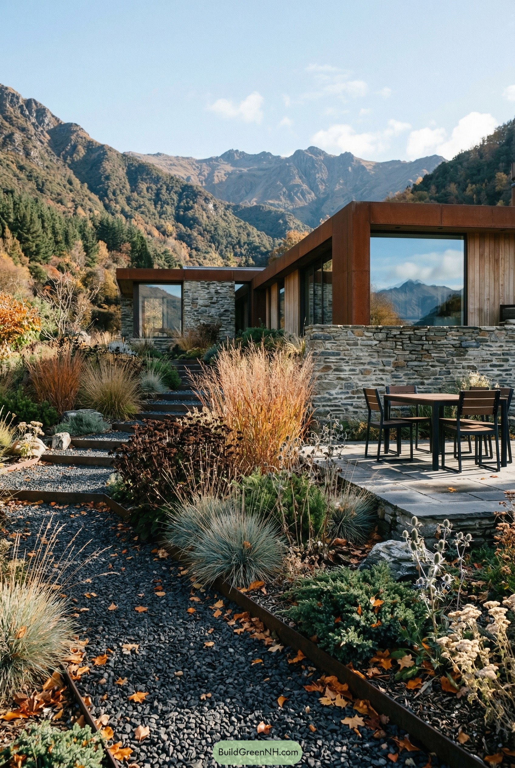 Modern mountain gravel garden with stone patio