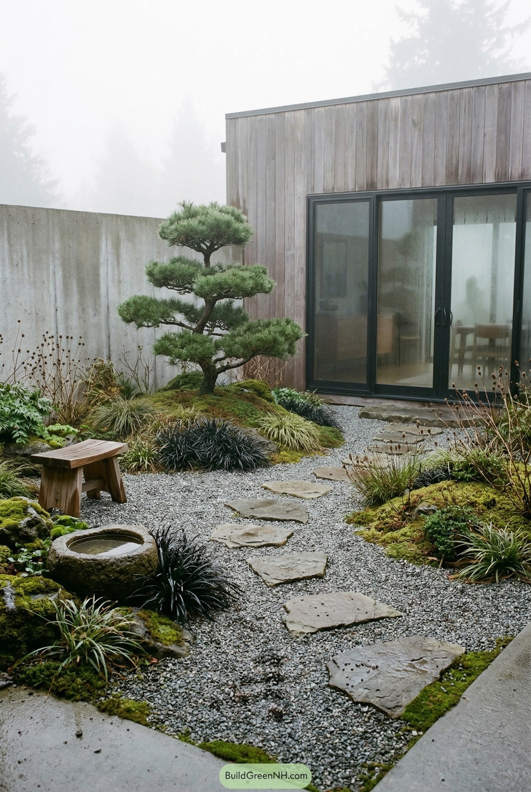 Japanese inspired gravel courtyard with sculpted pine