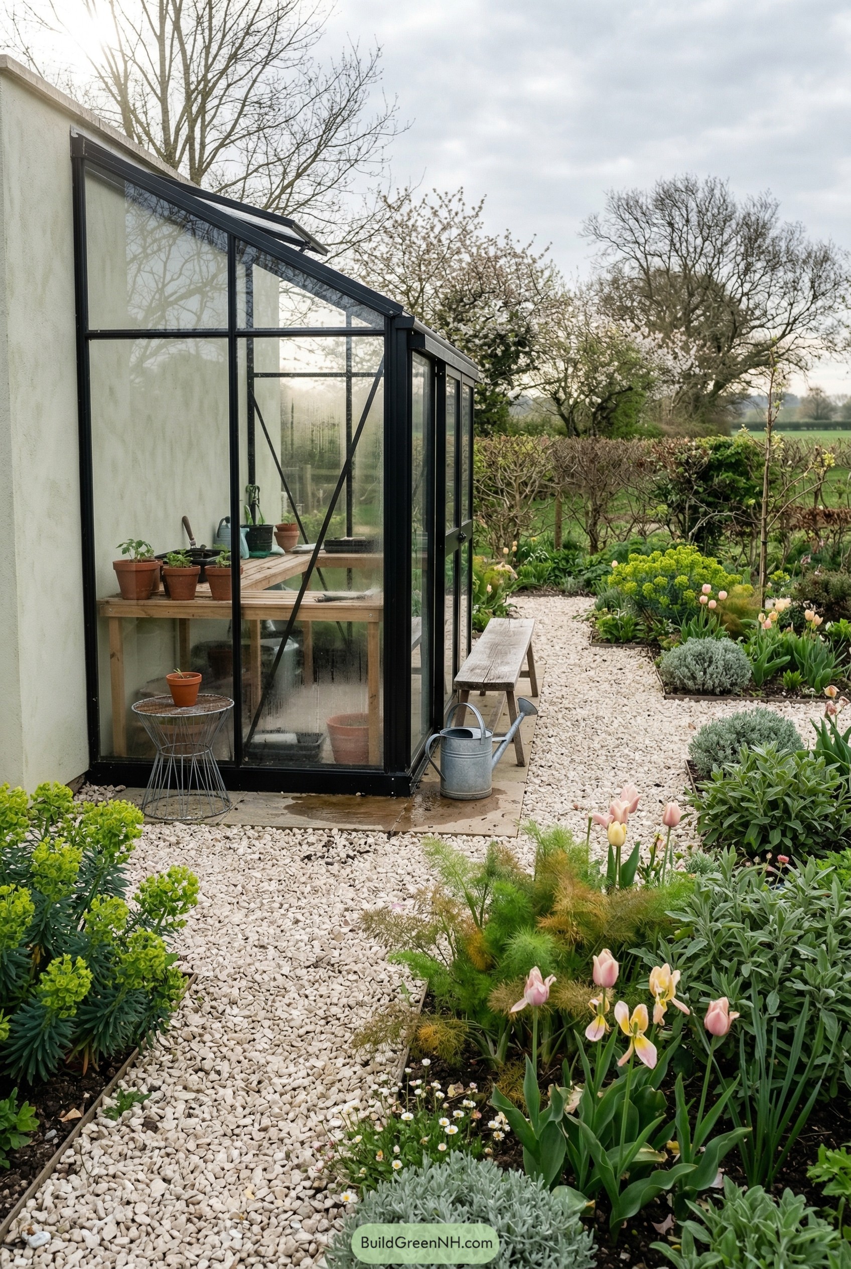 Black framed greenhouse with white gravel paths and spring planting
