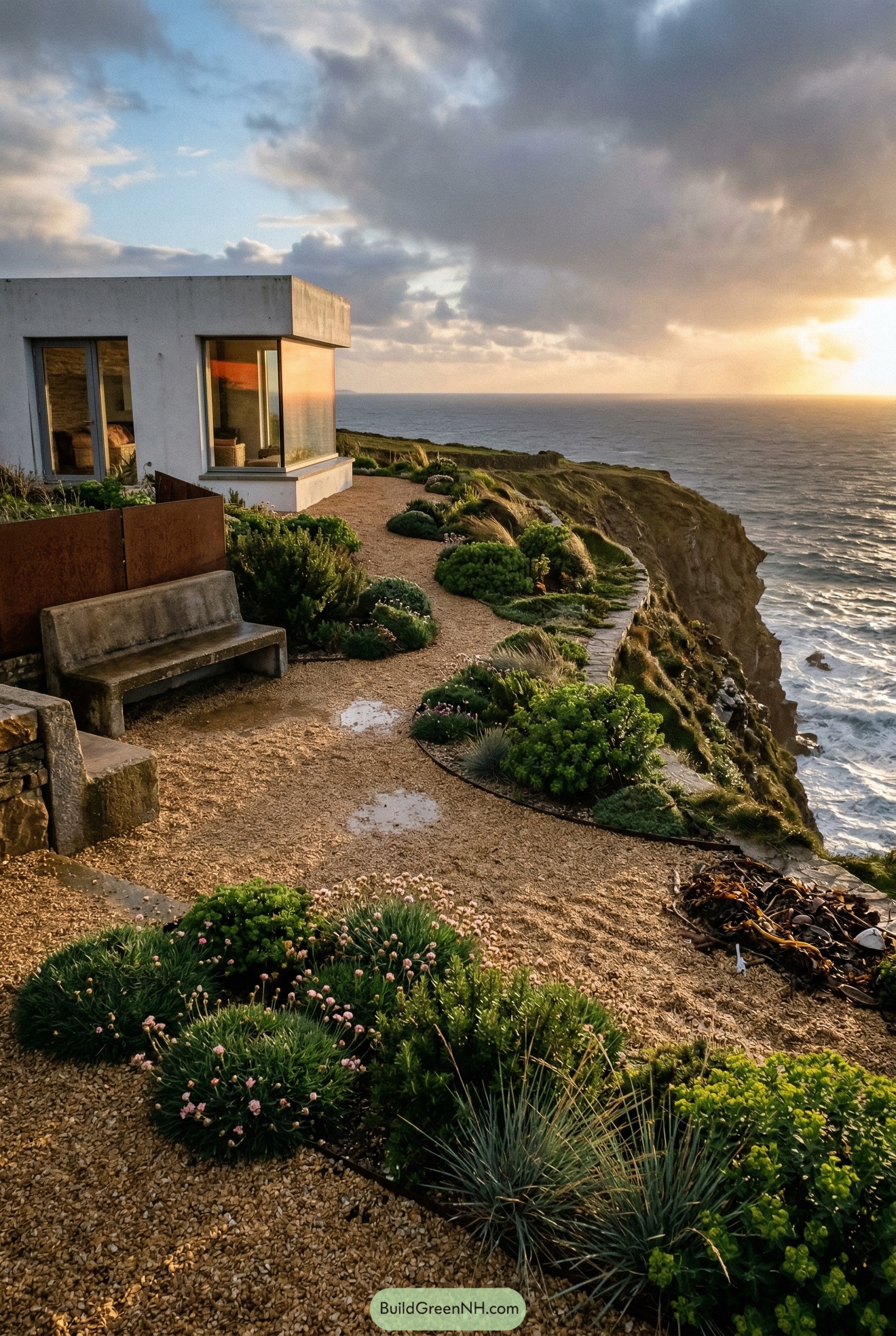Modern cliffside gravel garden with coastal planting