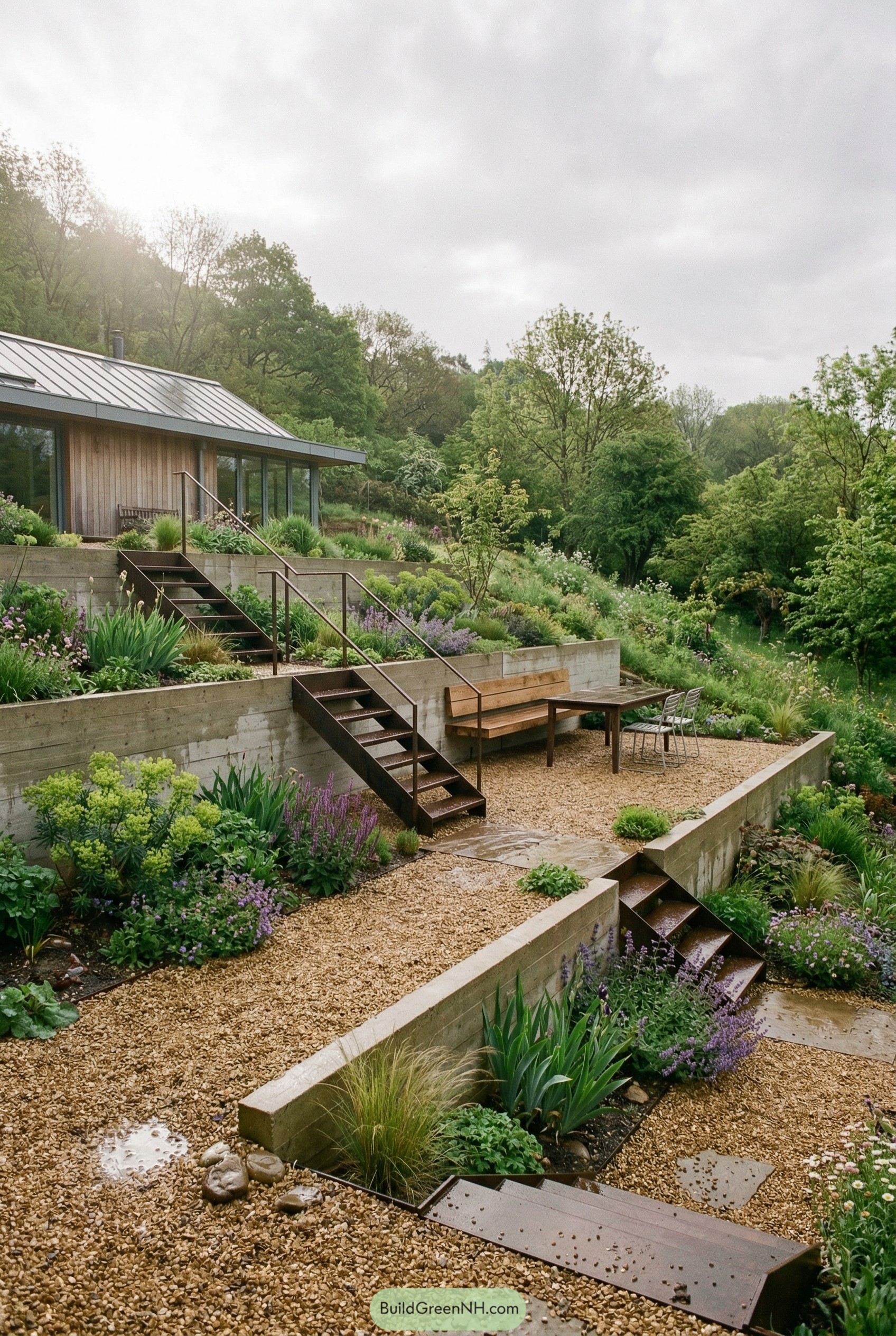 Tiered gravel garden with steel stairs