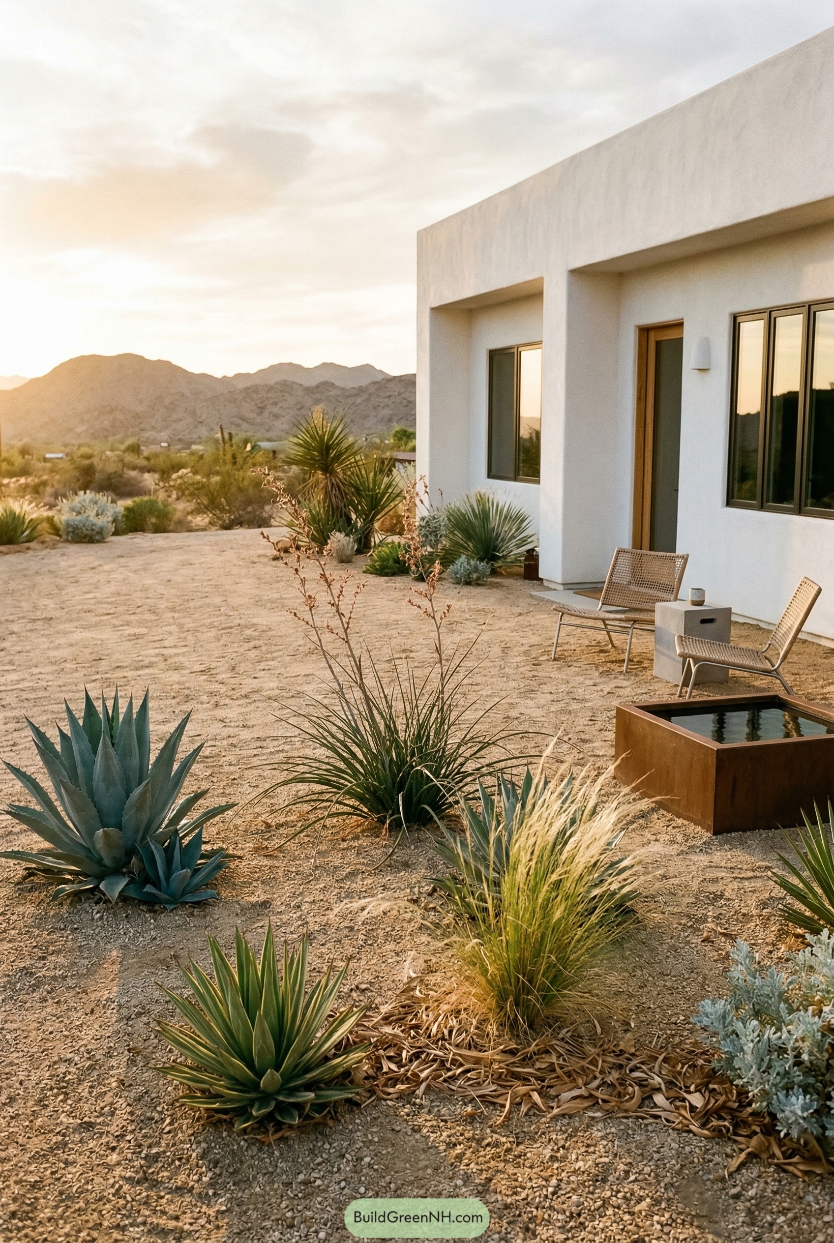 Modern desert gravel garden with agaves and seating