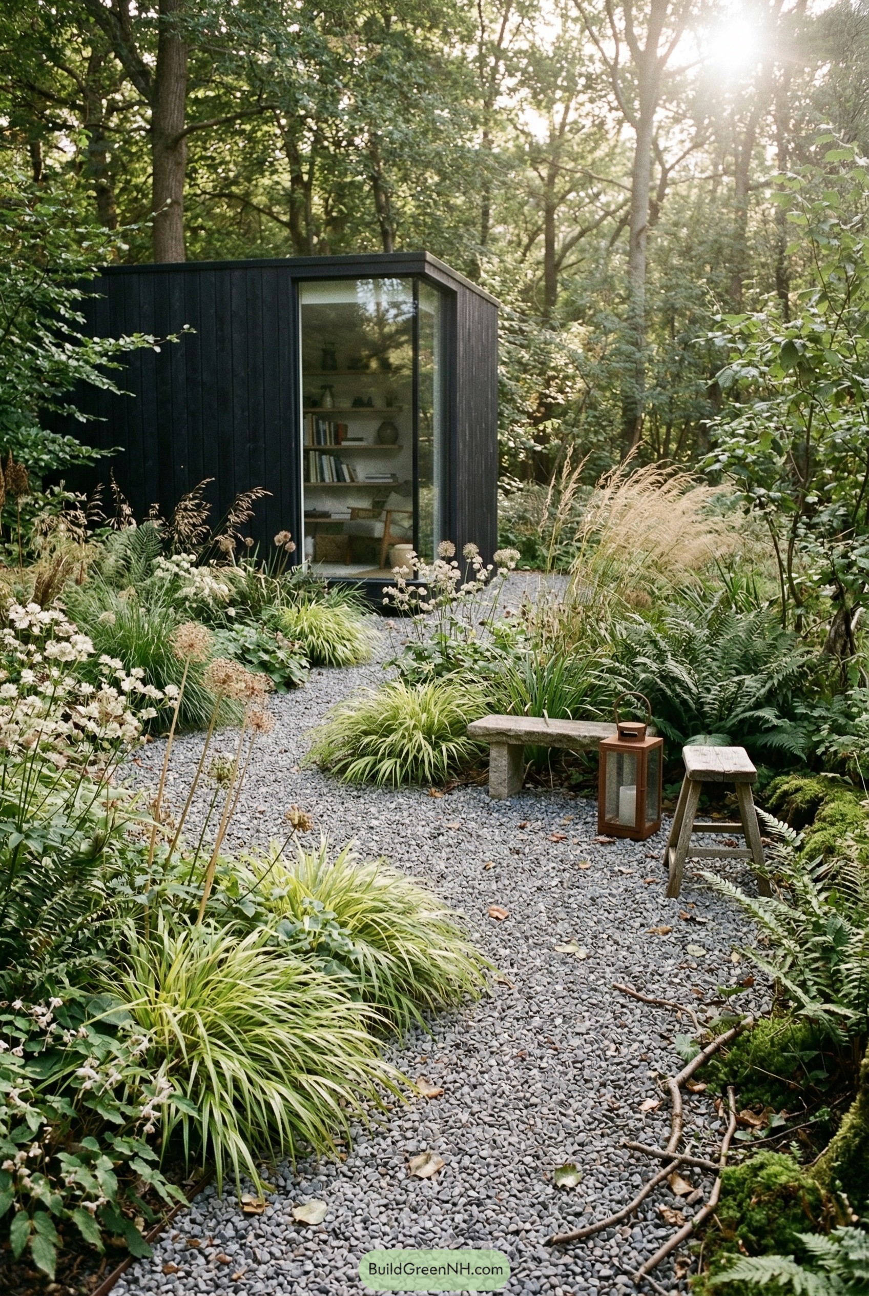 Woodland gravel garden with black garden studio