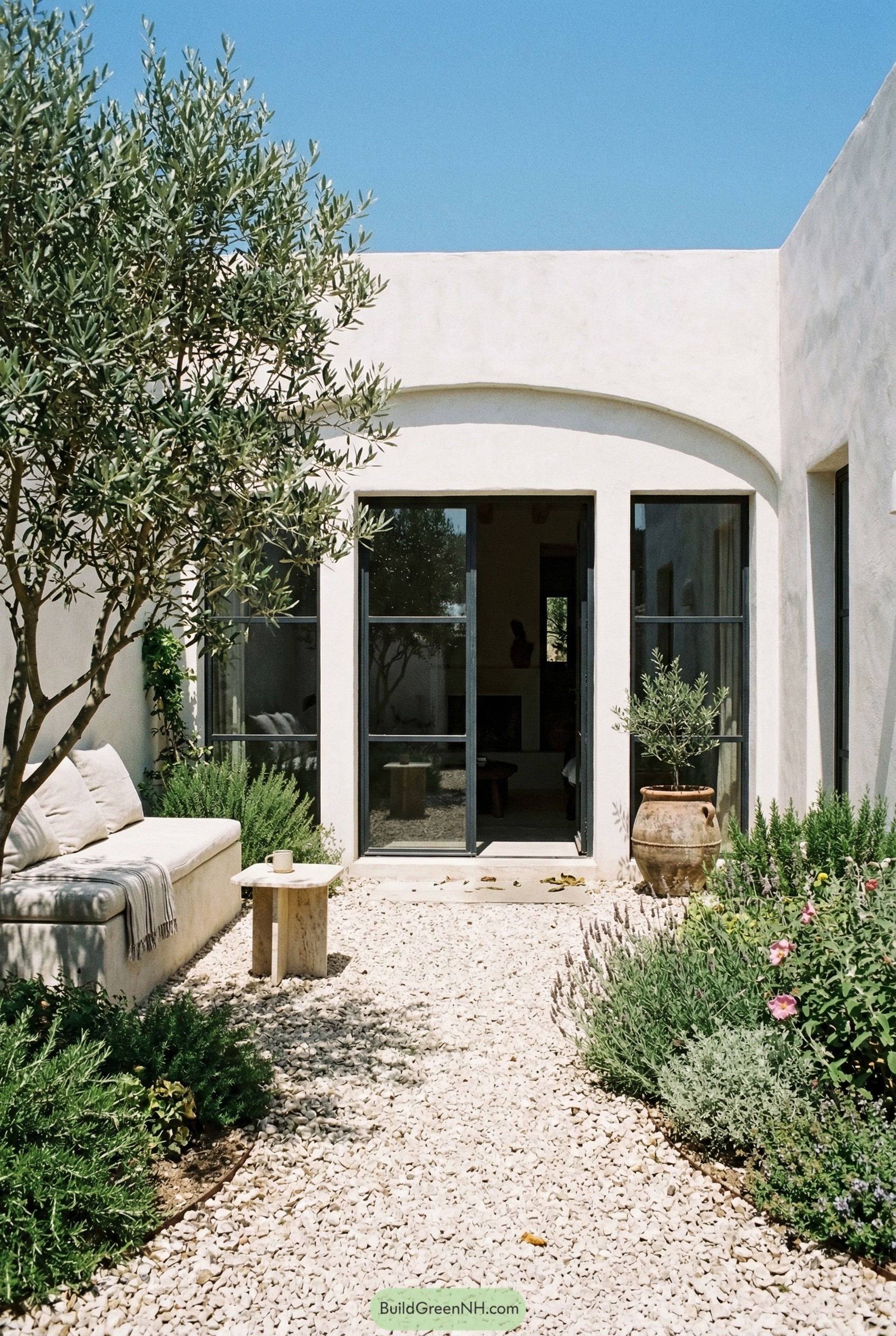 White stucco courtyard with olive tree and gravel