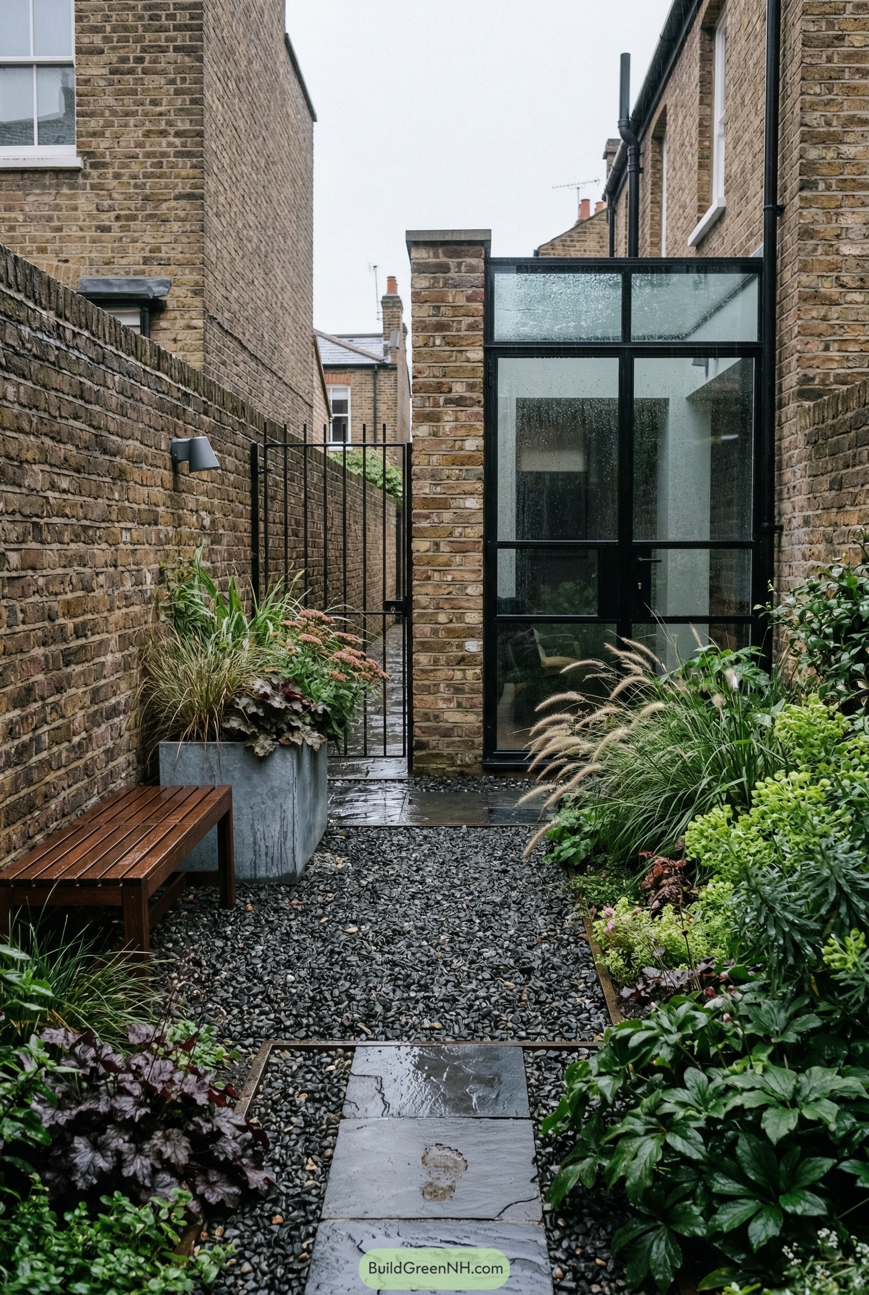 Narrow brick courtyard with dark gravel path and lush planting