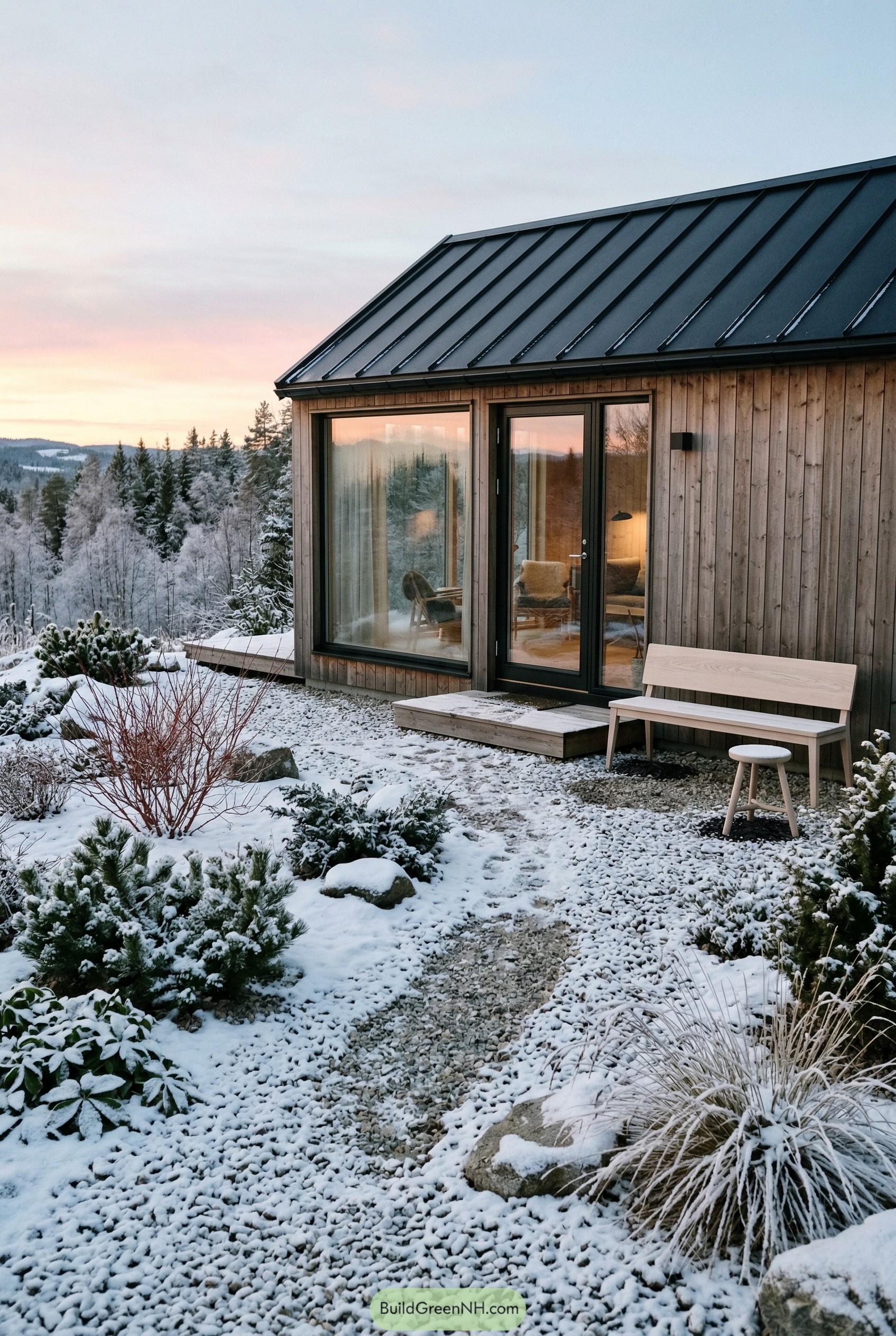 Snowy gravel garden beside a timber cabin
