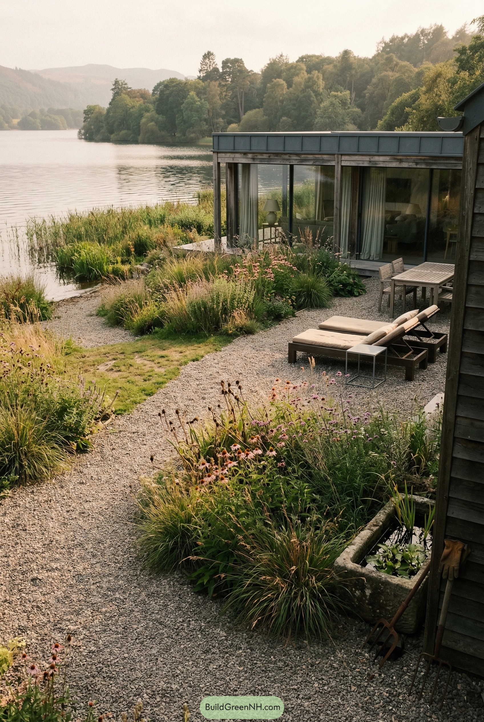 Lakeside gravel garden with loungers and grasses