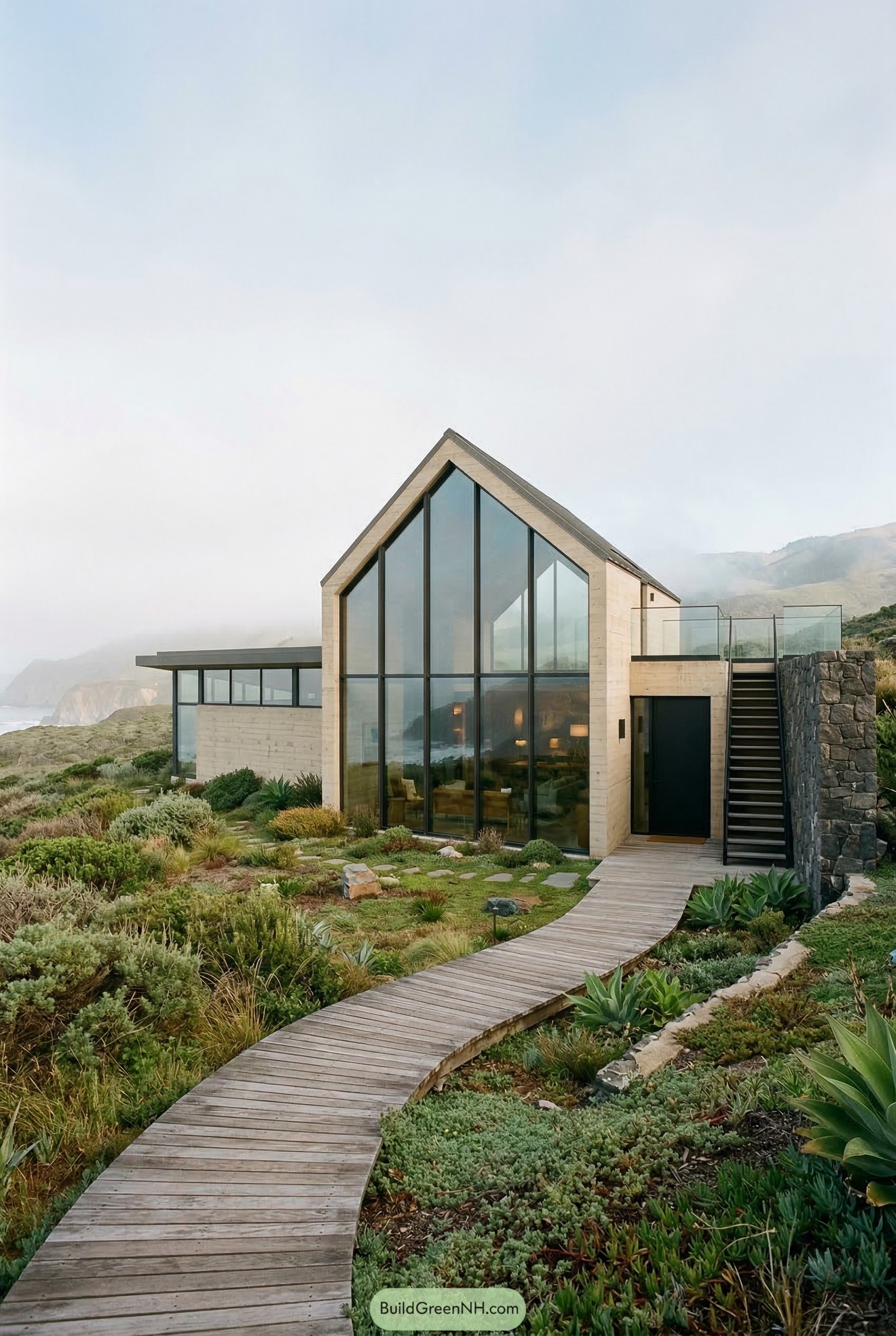 Modern coastal house with tall cathedral window