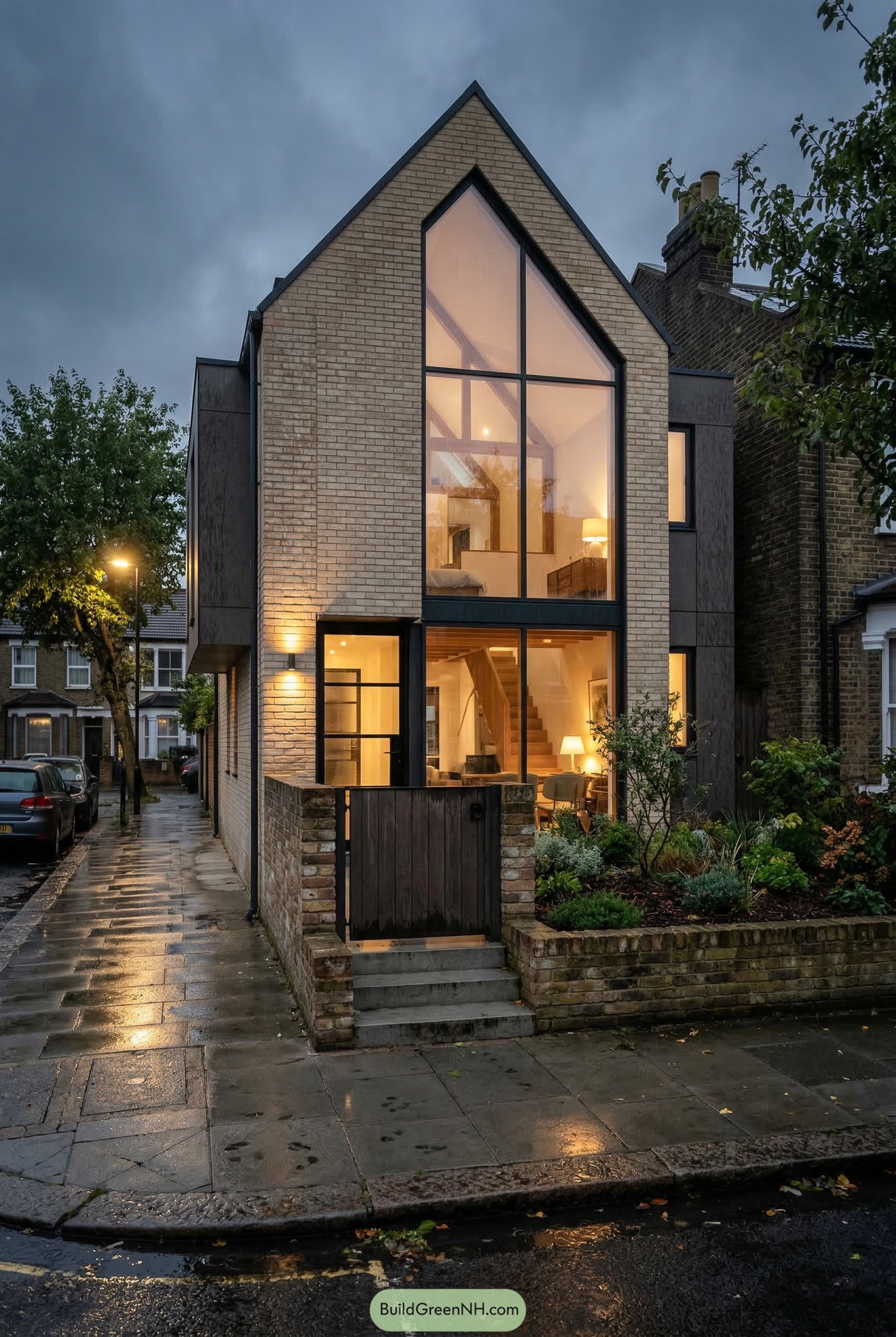 Modern brick house with tall cathedral window