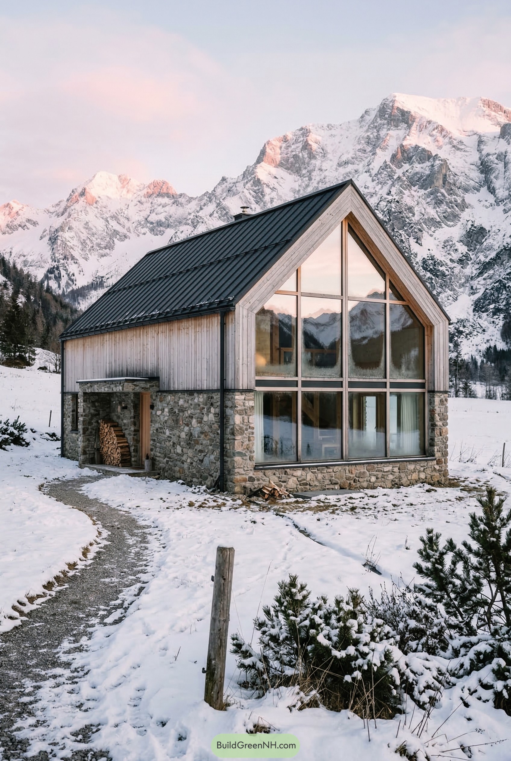 Alpine house with tall cathedral window