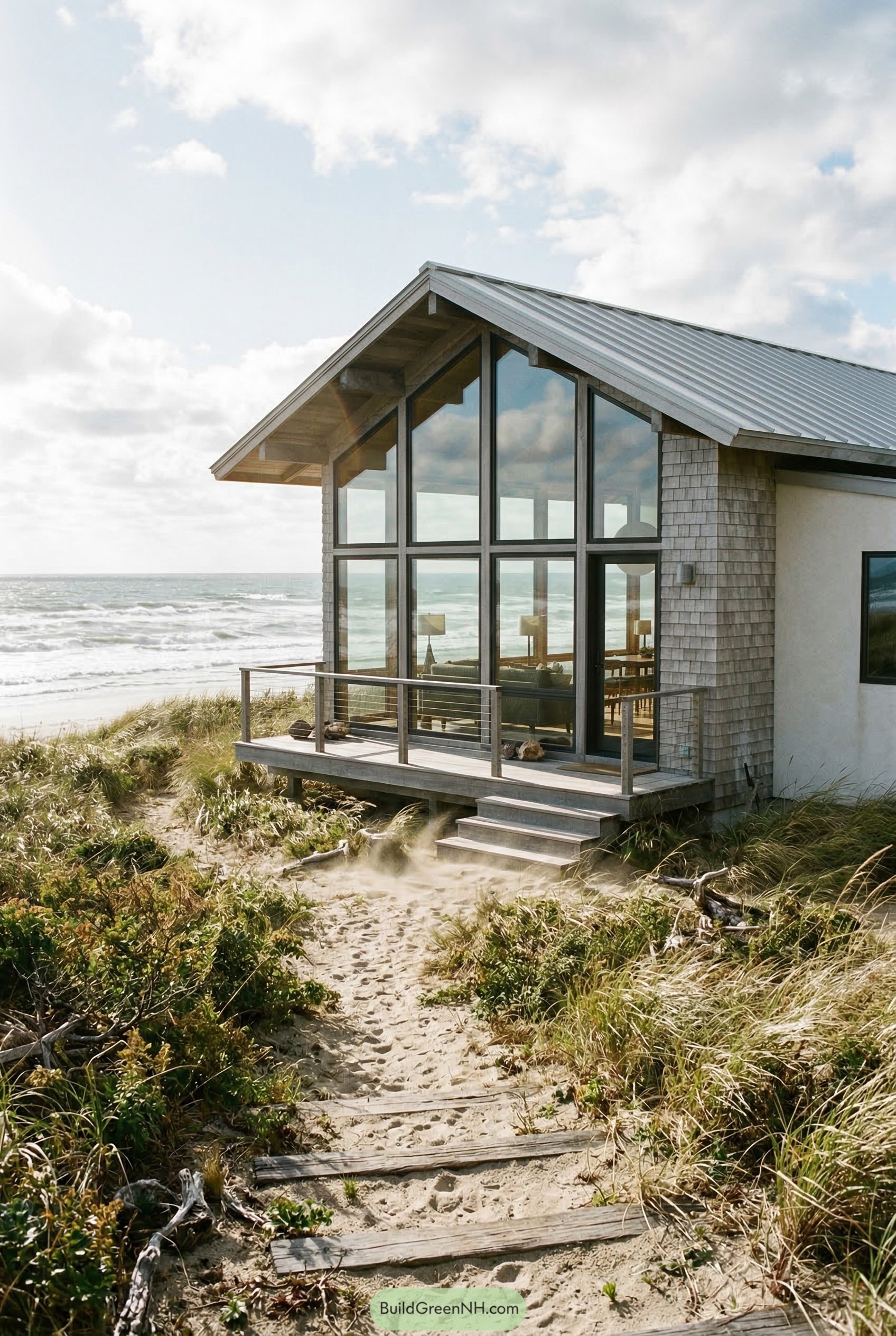 Beach cottage with cathedral windows by the sea