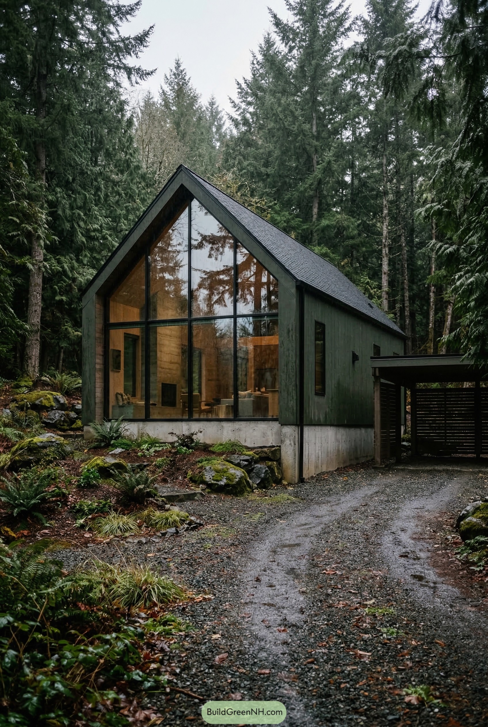 Dark gabled cabin with tall forest window