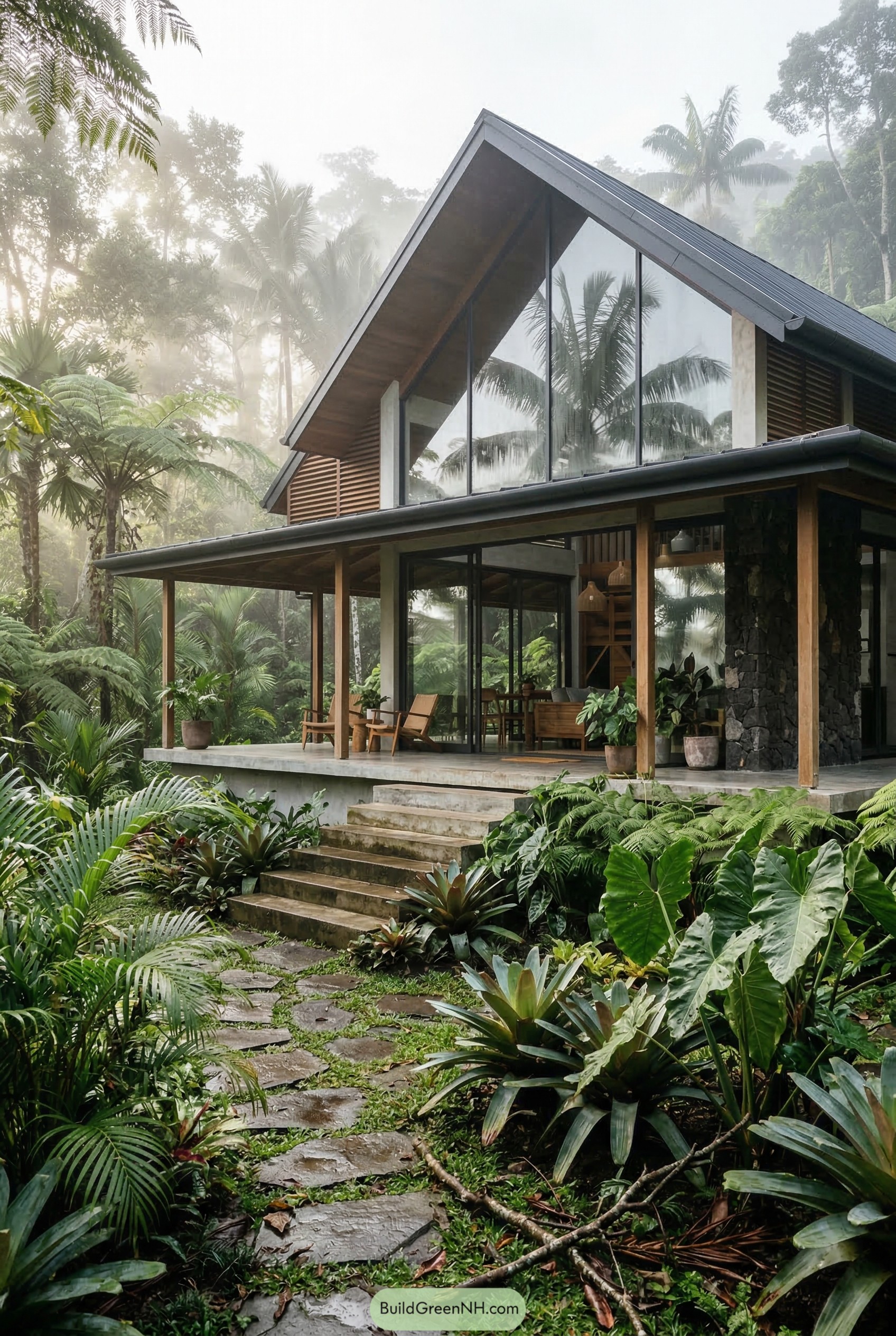 Modern tropical house with cathedral windows