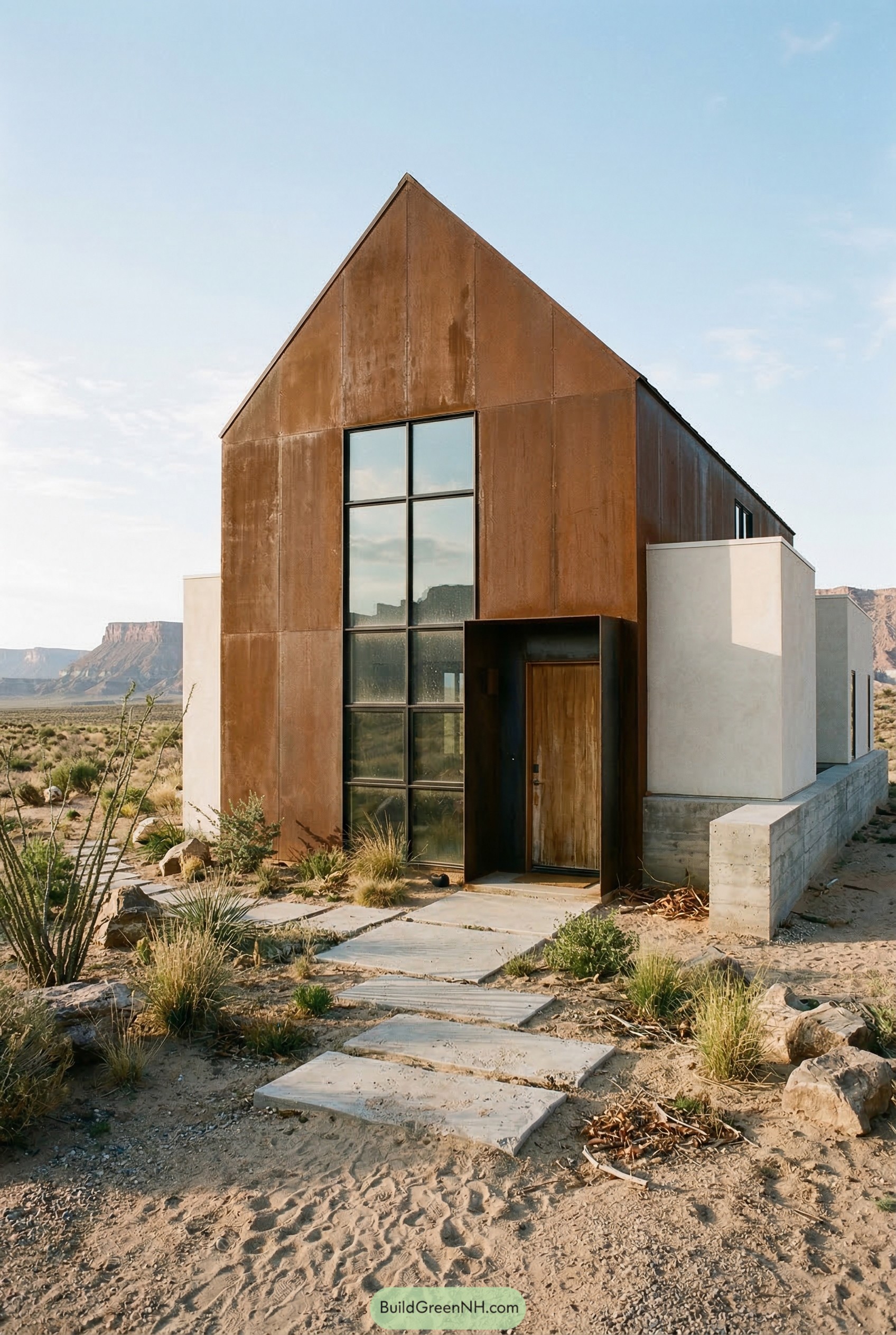 Rust clad desert house with tall gable window