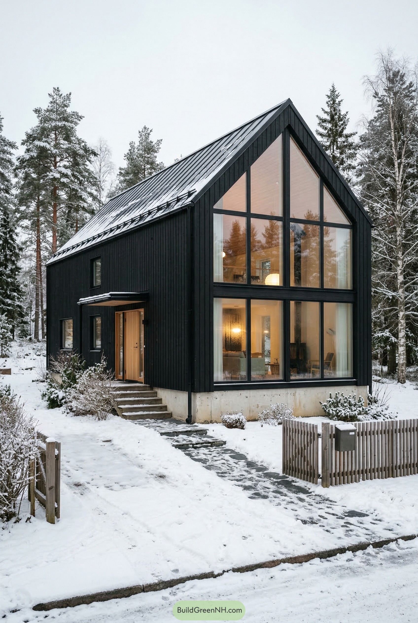 Black gabled house with tall apex windows in snow