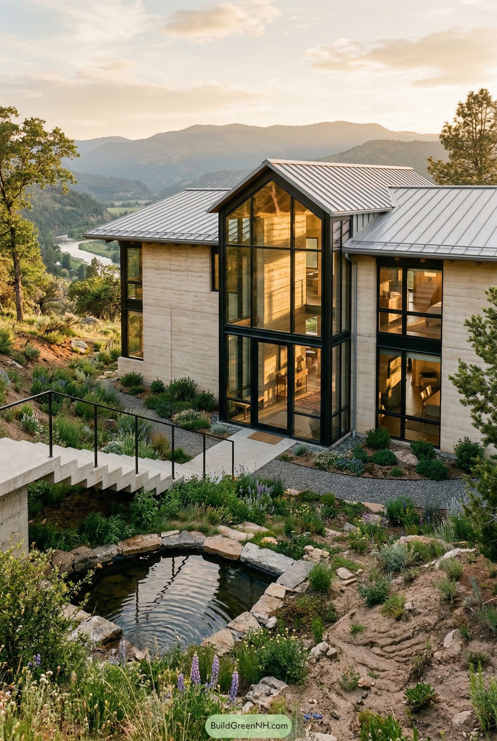 Modern hillside home with cathedral window
