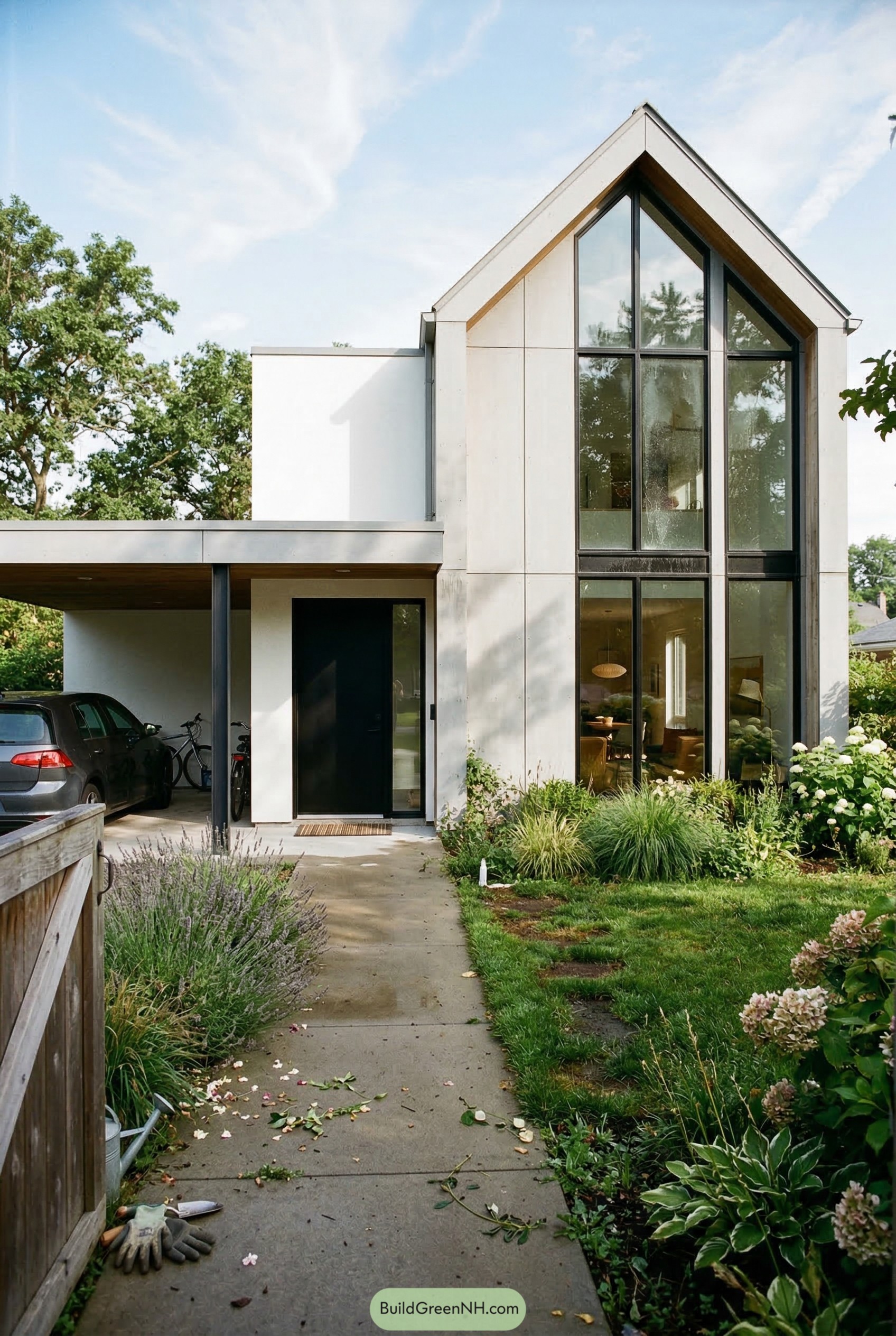 White modern home with cathedral front window