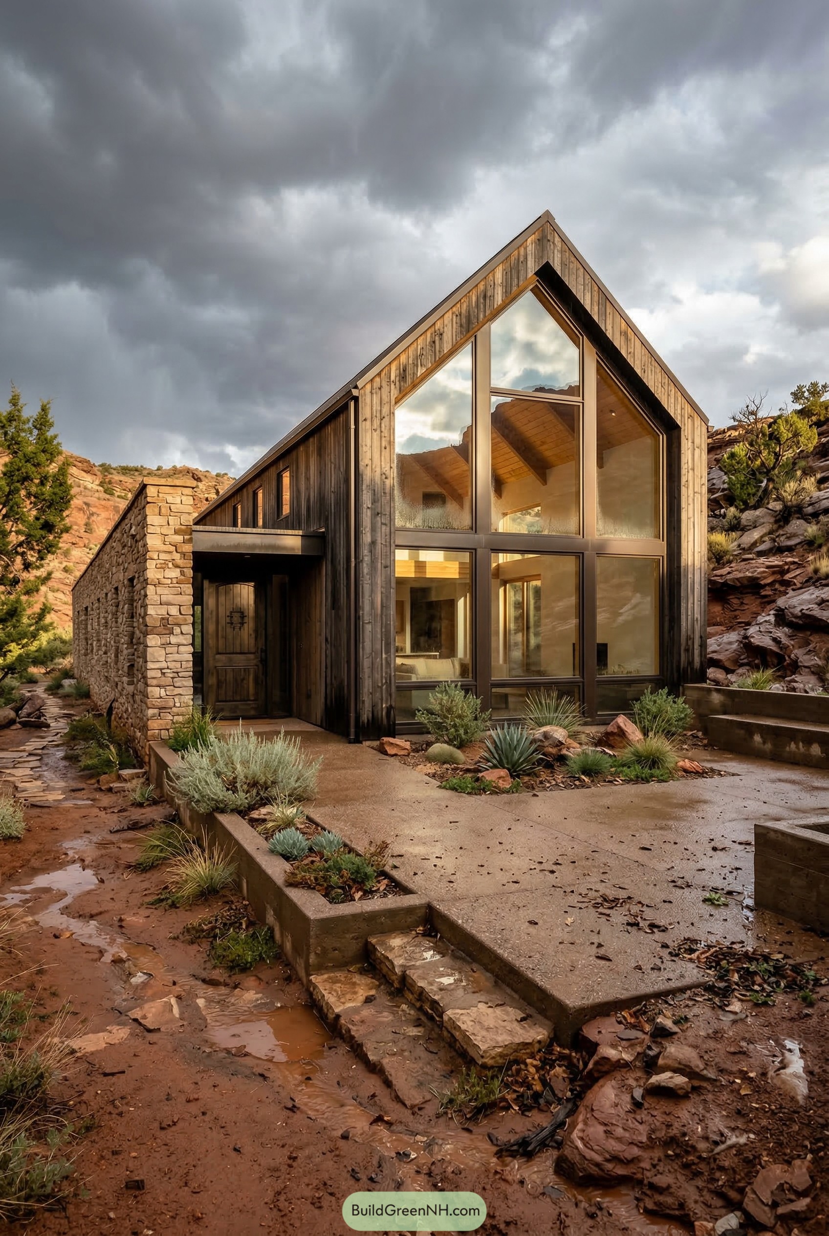 Modern cedar home with towering gable glass