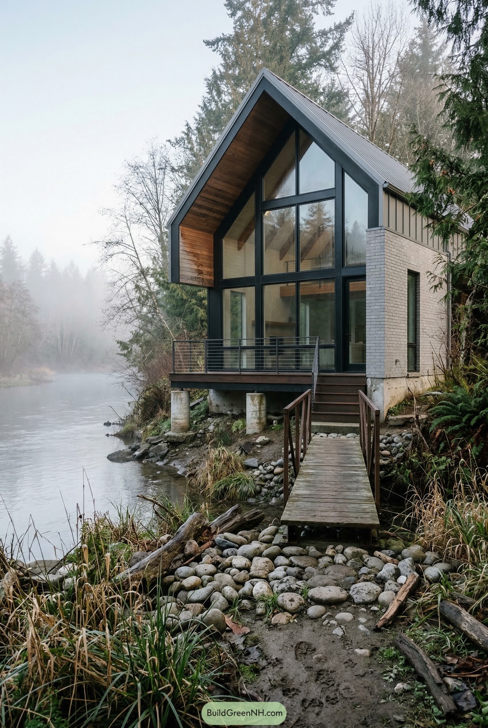 Modern riverside house with cathedral windows