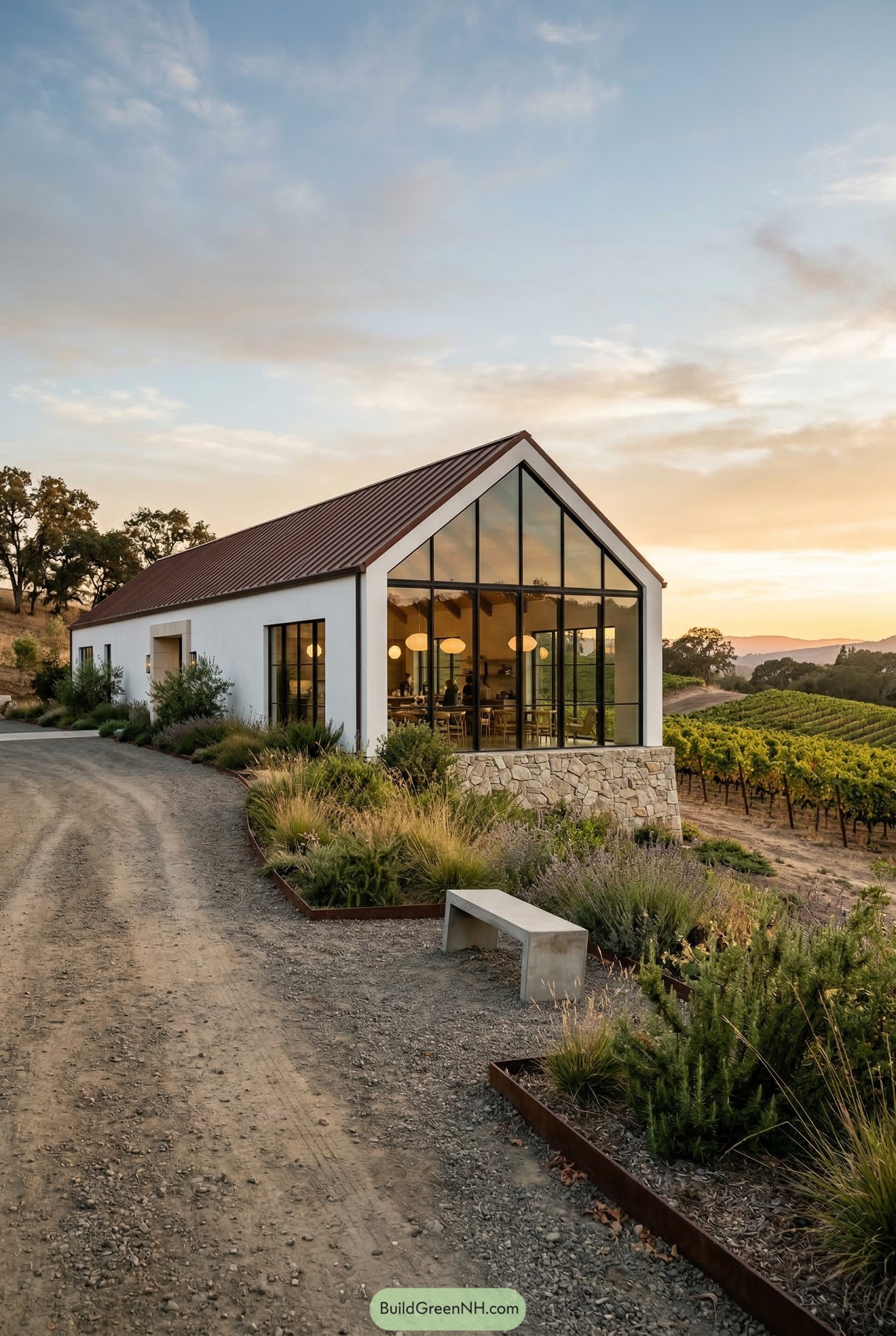 White gabled house with cathedral windows by vineyard