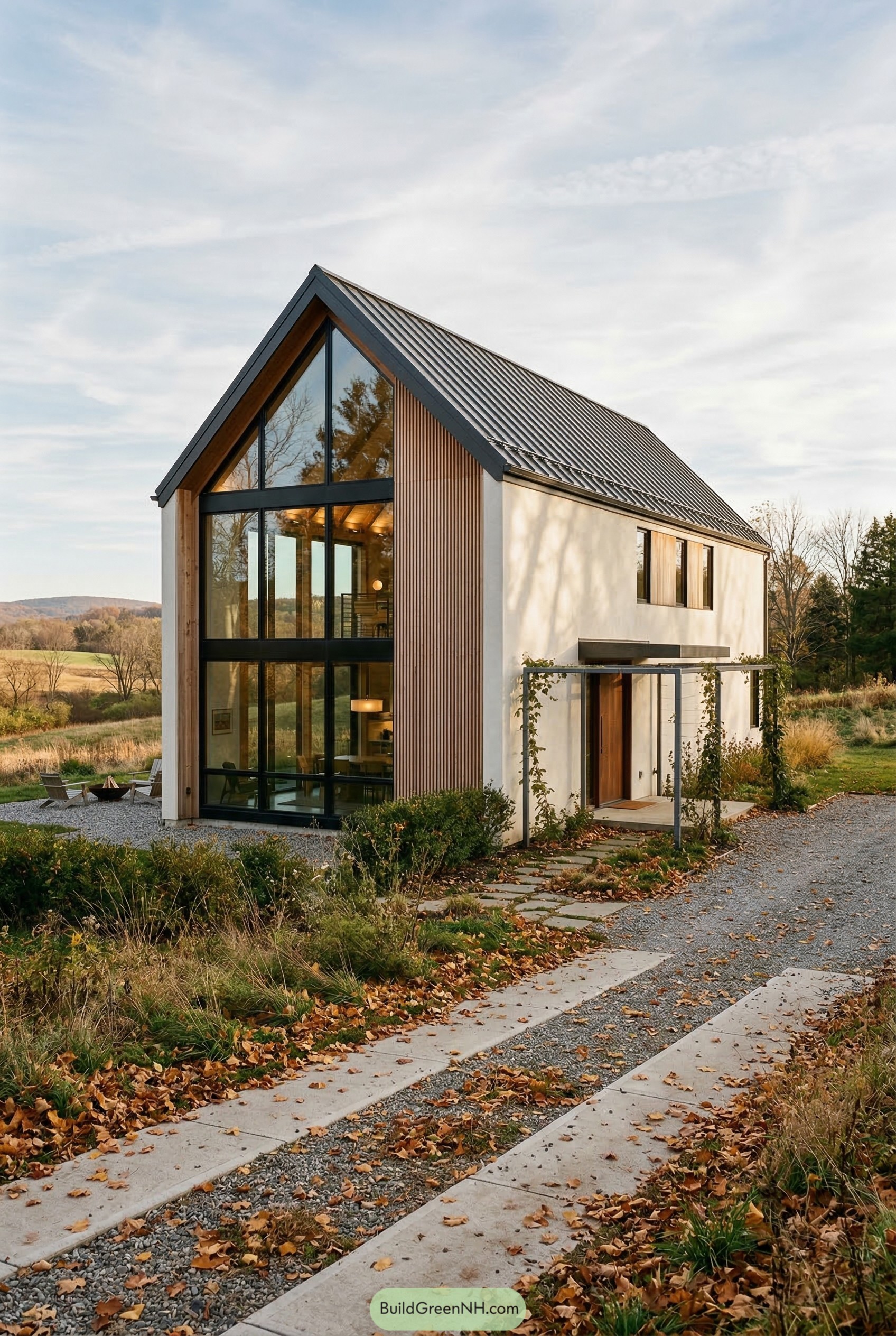 Modern gabled house with tall cathedral window