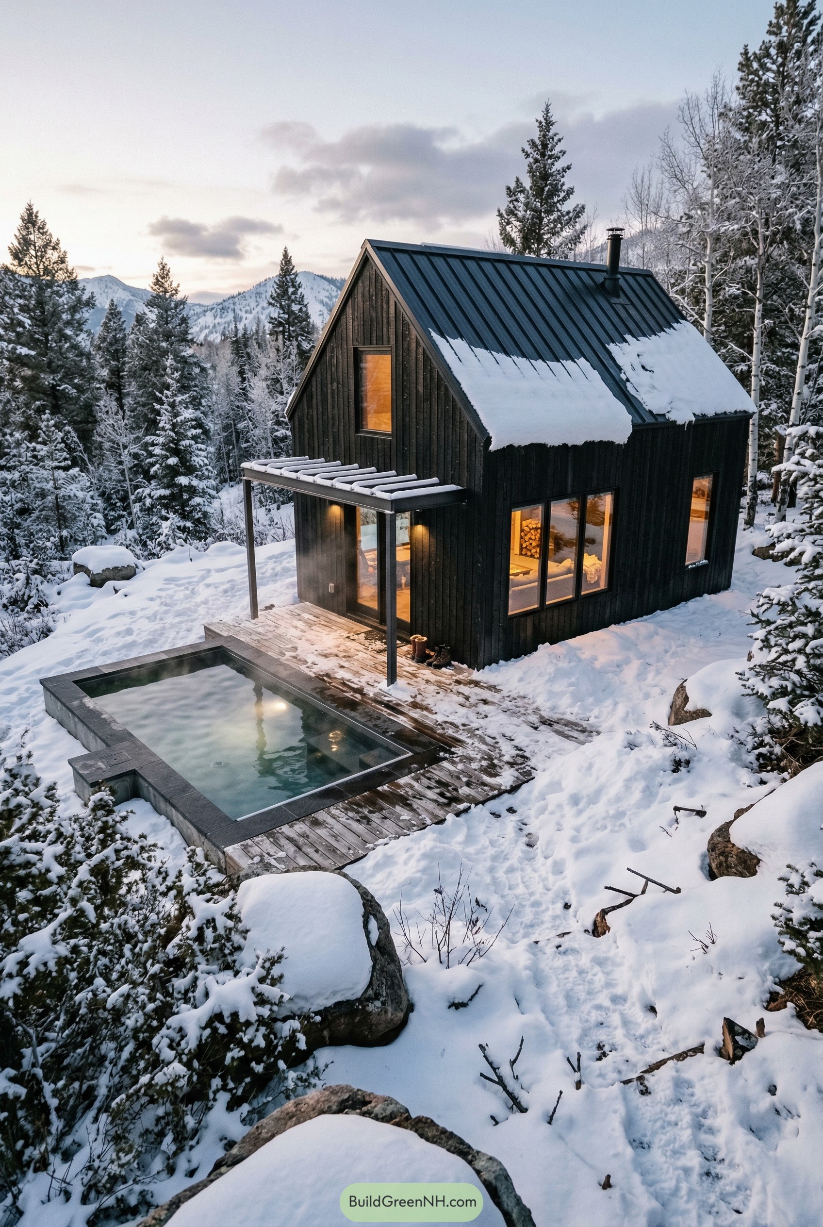 Black gabled cabin with a steaming plunge pool in snow