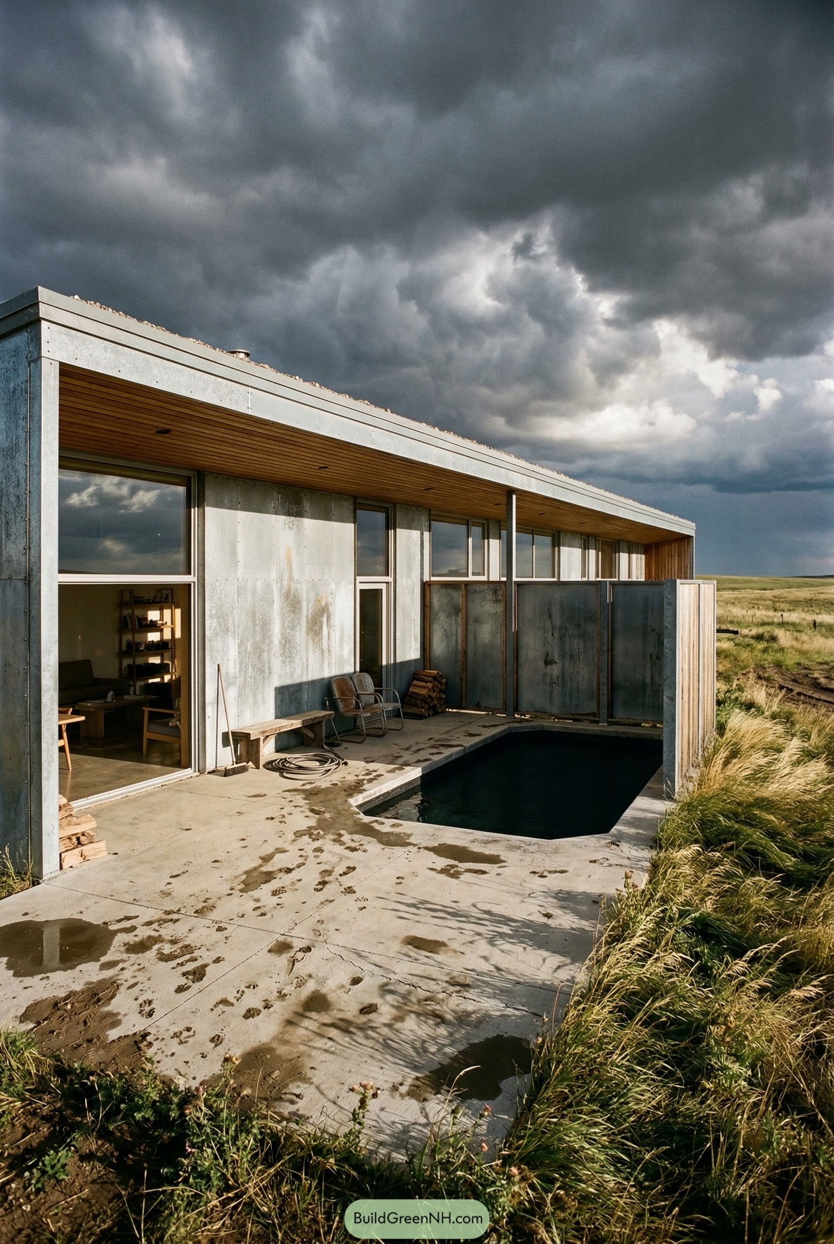 Low prairie house with screened plunge pool