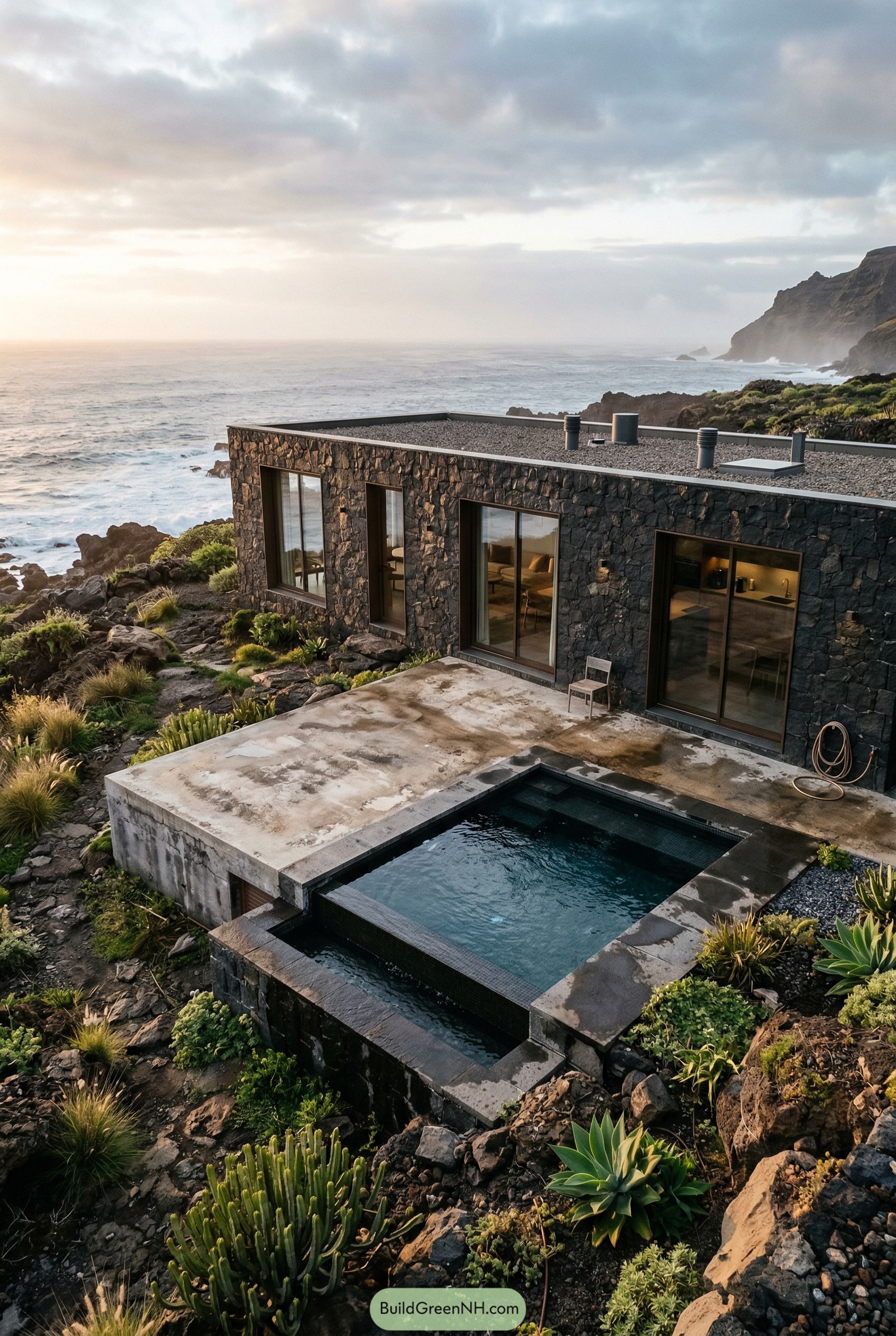 Dark stone seaside house with plunge pool