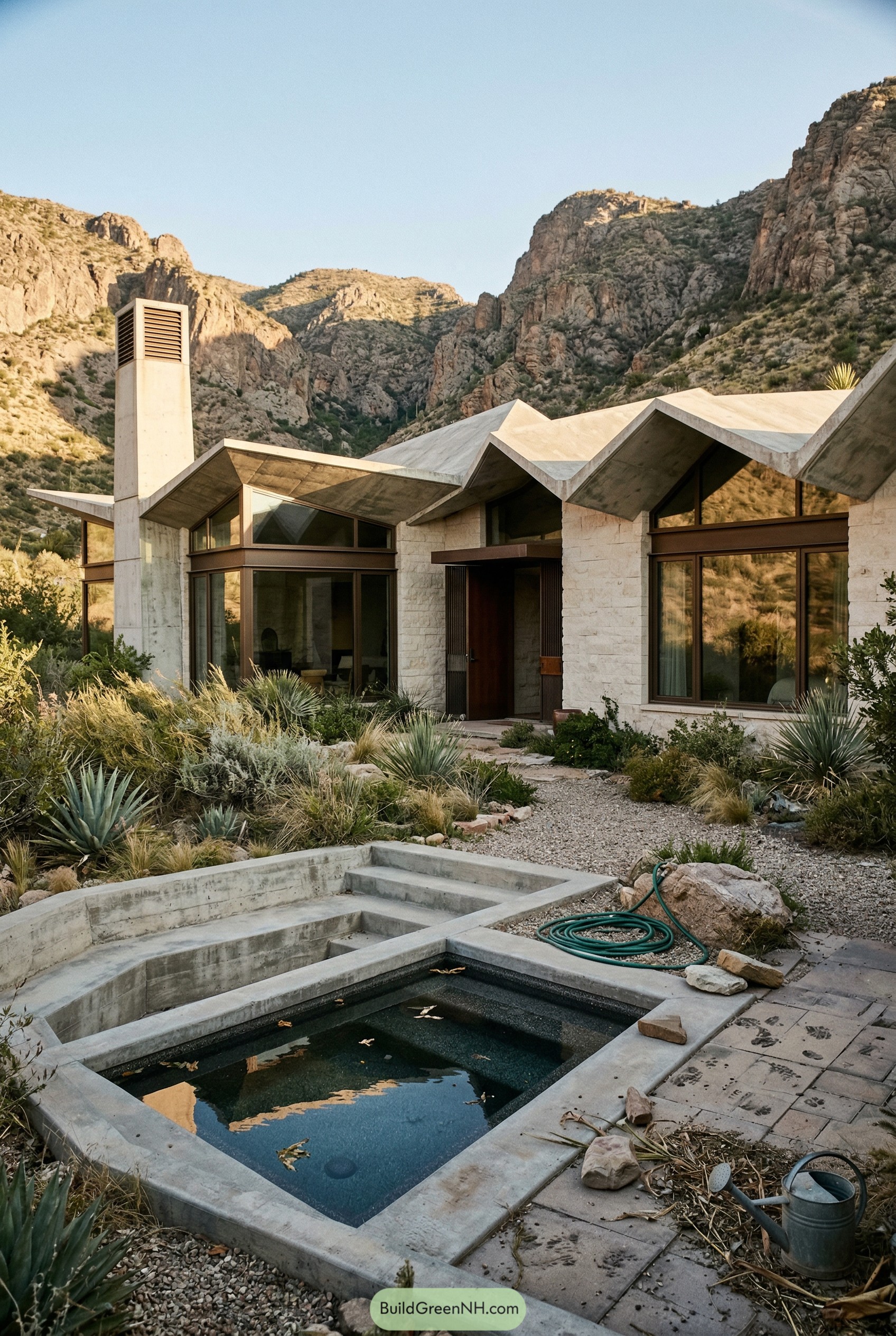 Modern desert house with zigzag roof and small plunge pool