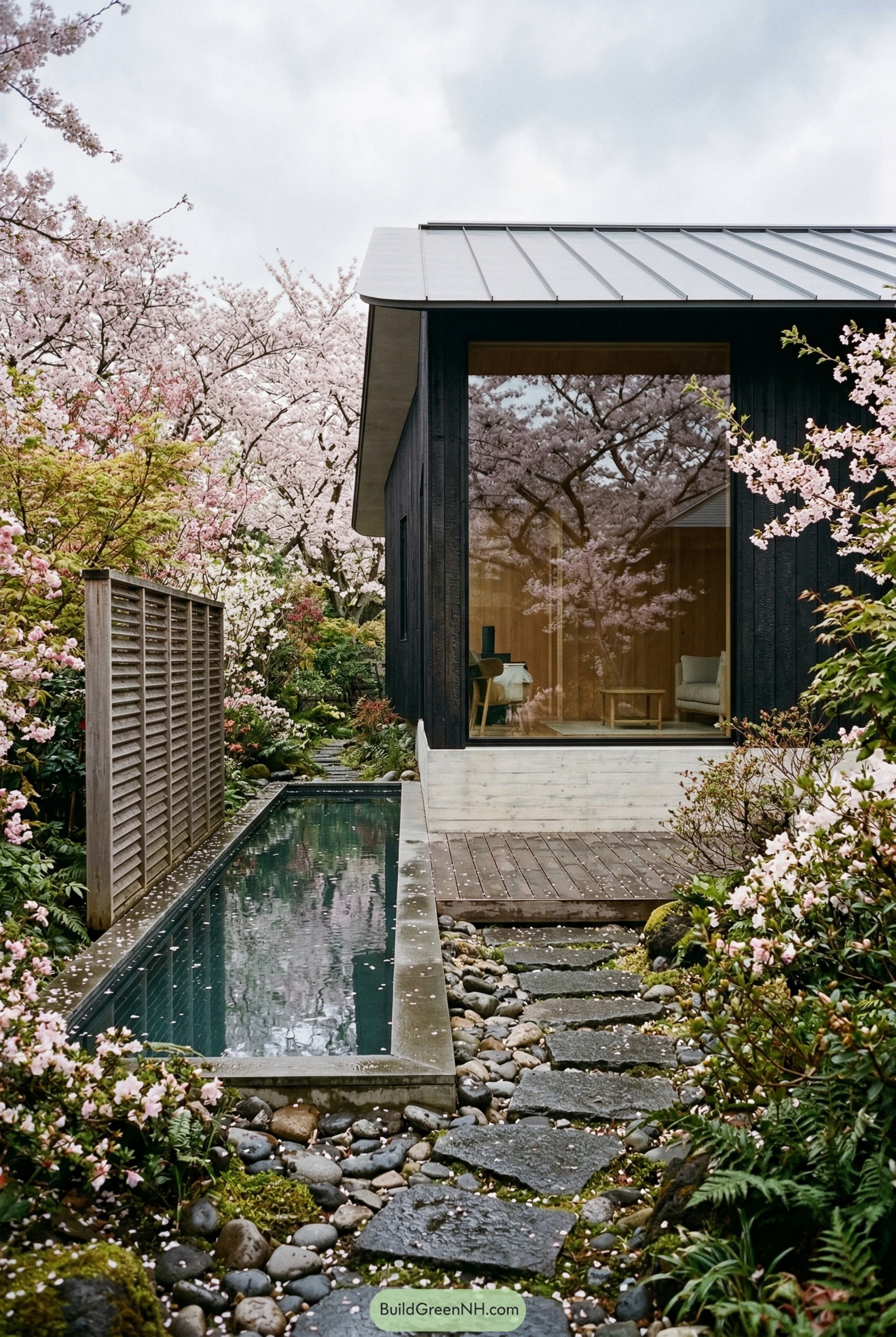 Black modern house with a narrow plunge pool among blooming cherry trees