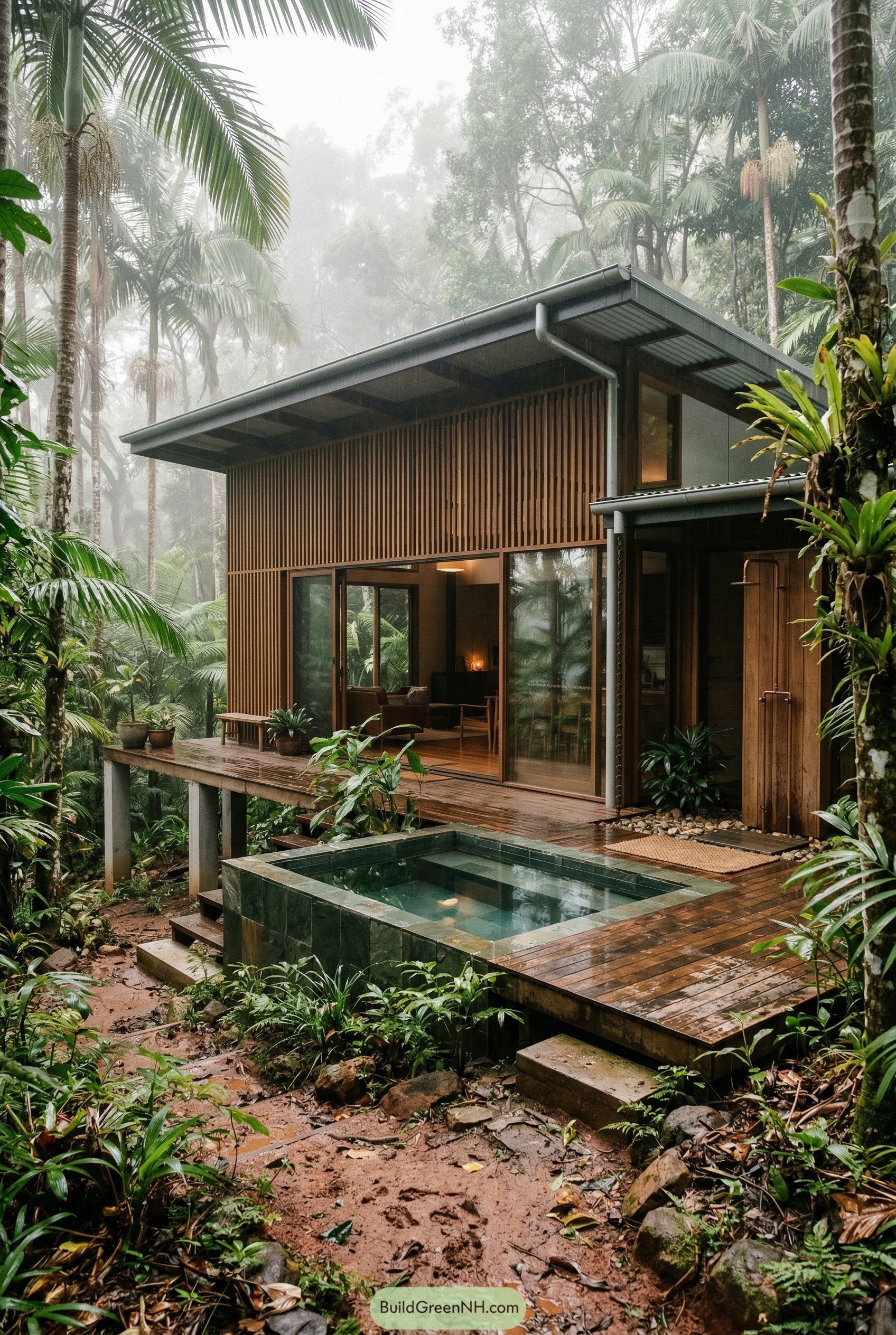 Rainforest timber home with square plunge pool