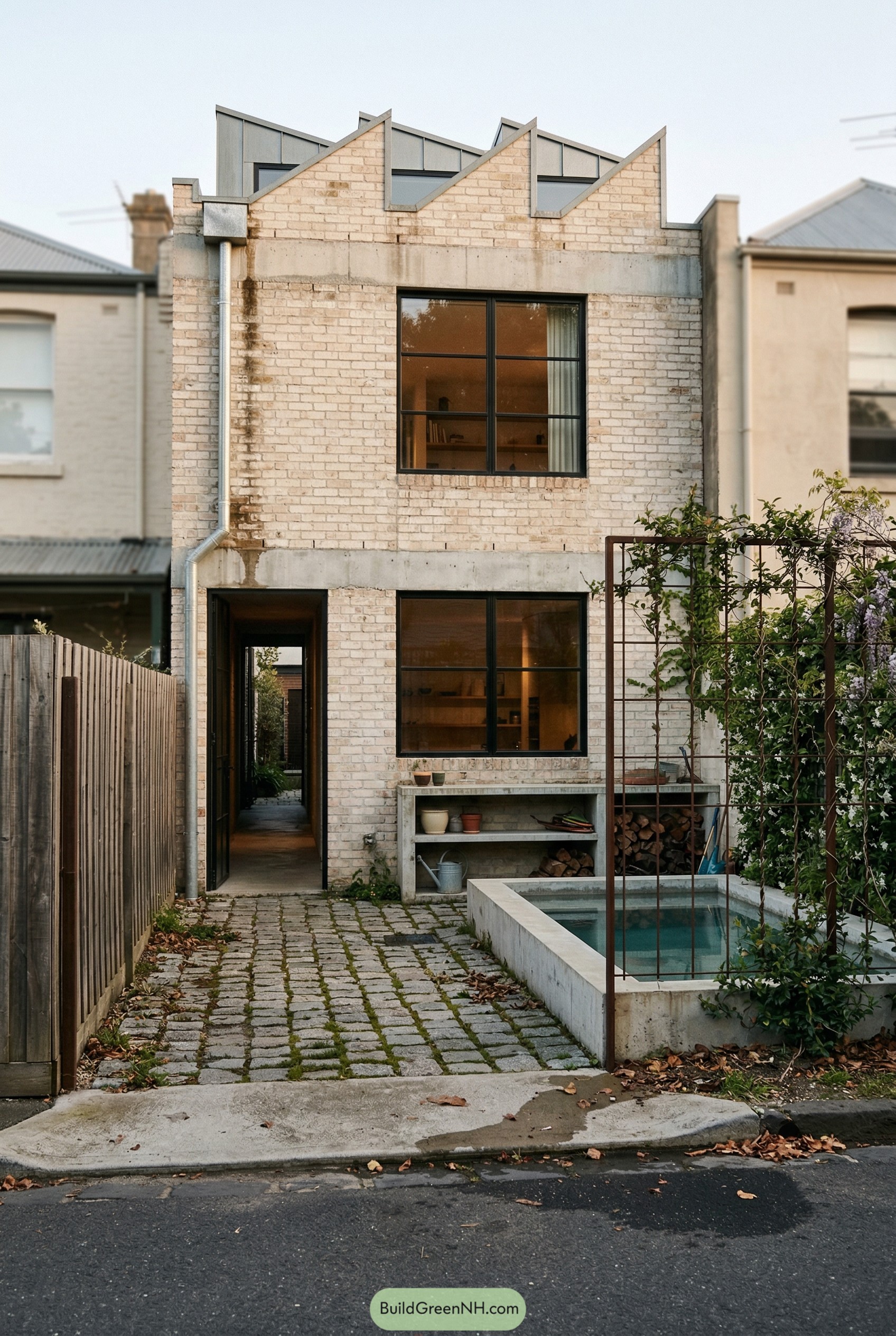 Brick rowhouse with sawtooth roof and small plunge pool