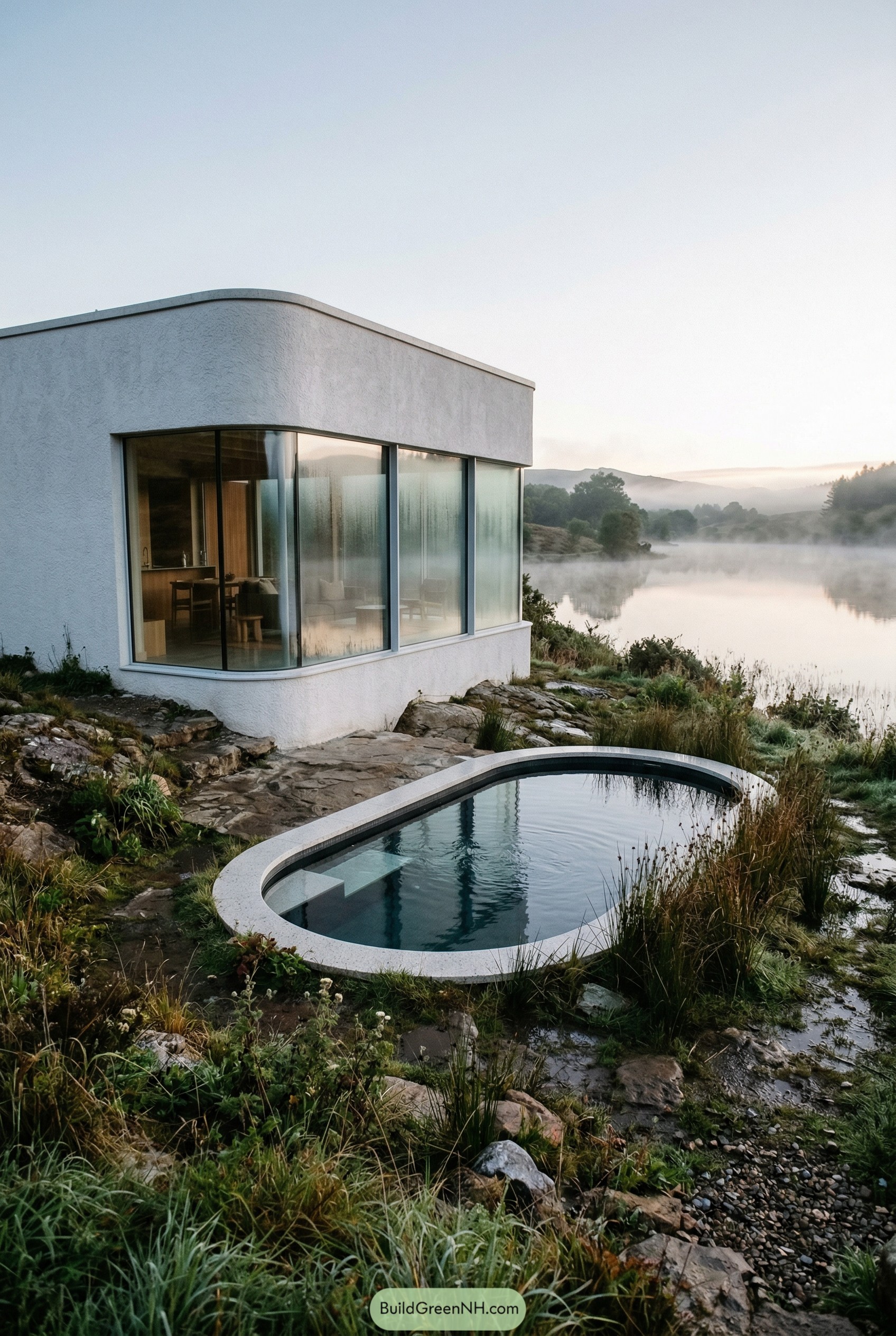 Curved white house beside a small plunge pool