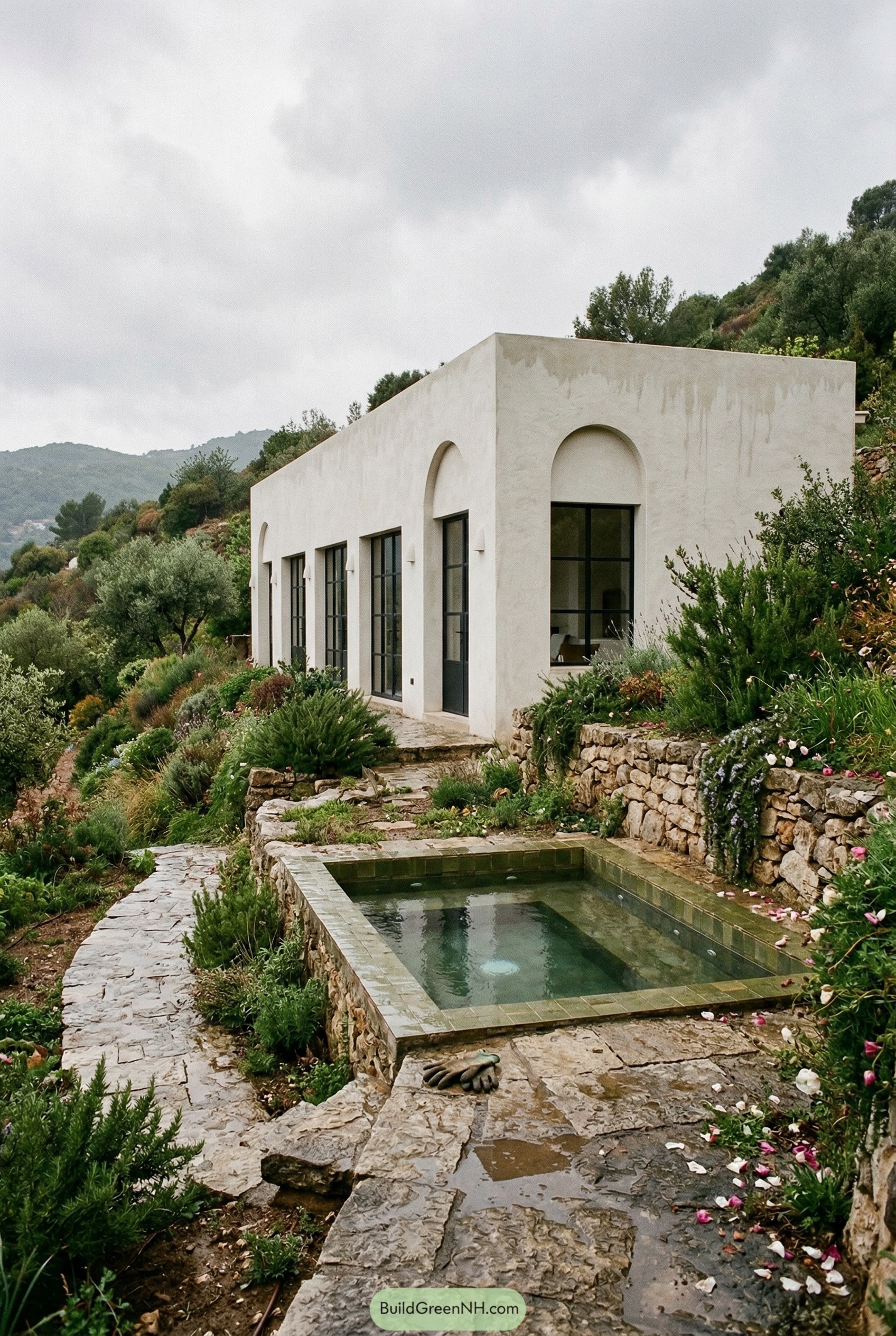 Arched stucco villa with a stone lined plunge pool