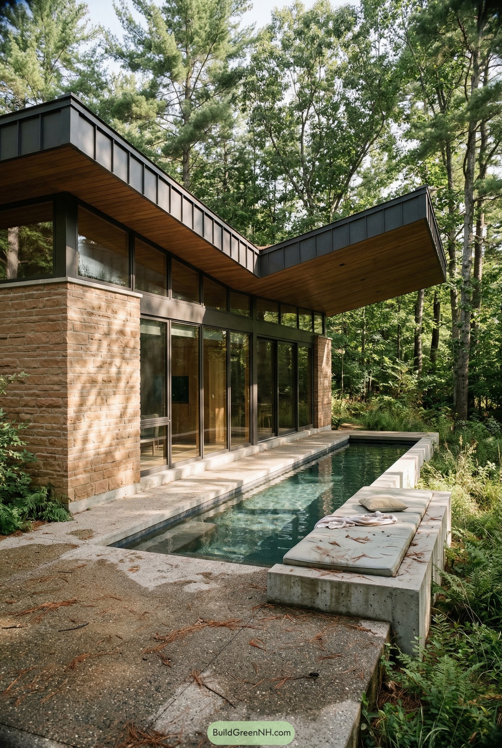 Modern forest home beside a slim plunge pool