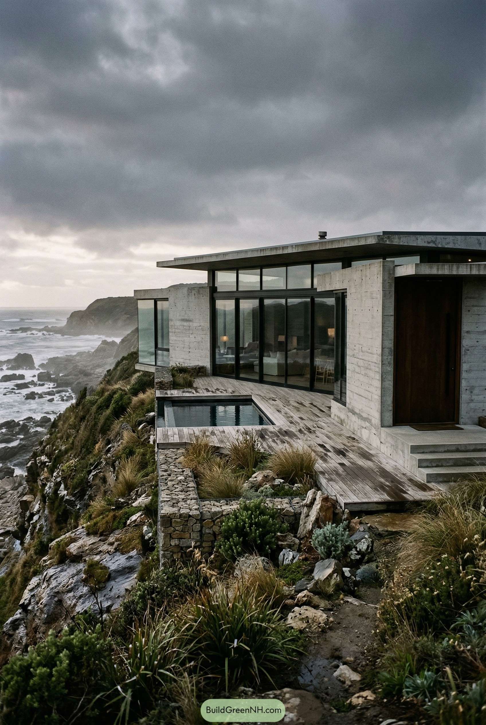 Concrete cliffside house with plunge pool and ocean view