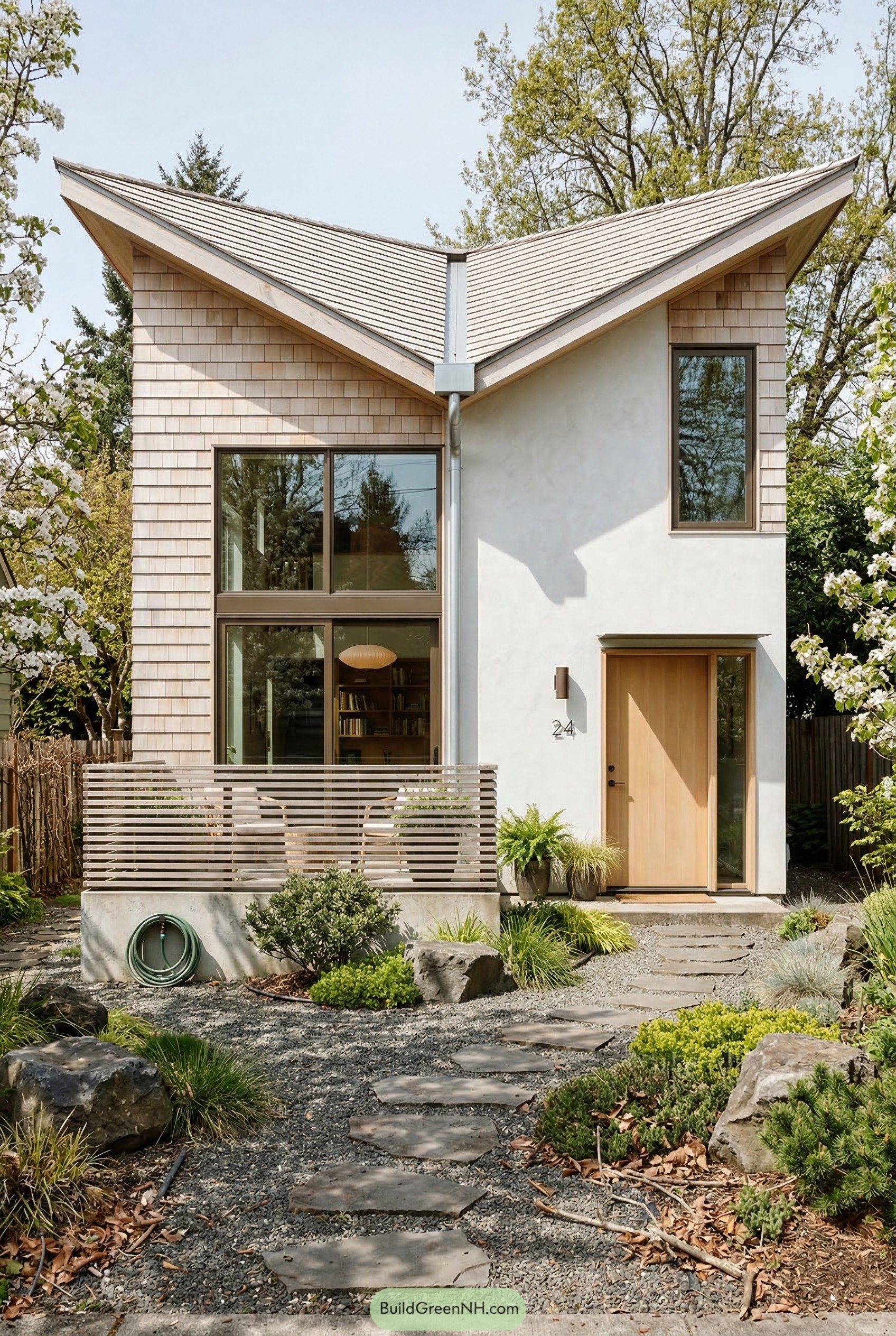 Modern wood clad home with split gable roof and garden path