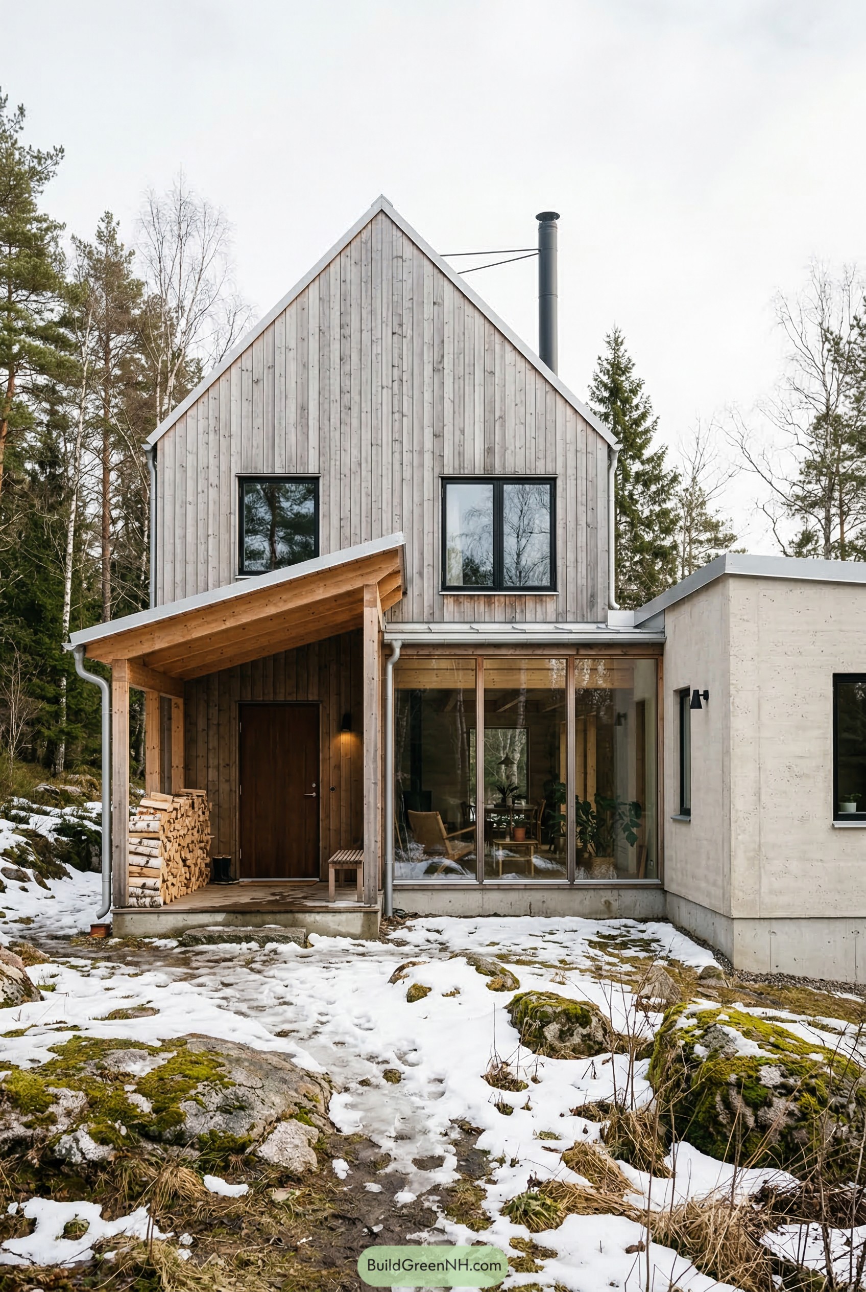 Modern wood house with steep roof and covered porch in snow