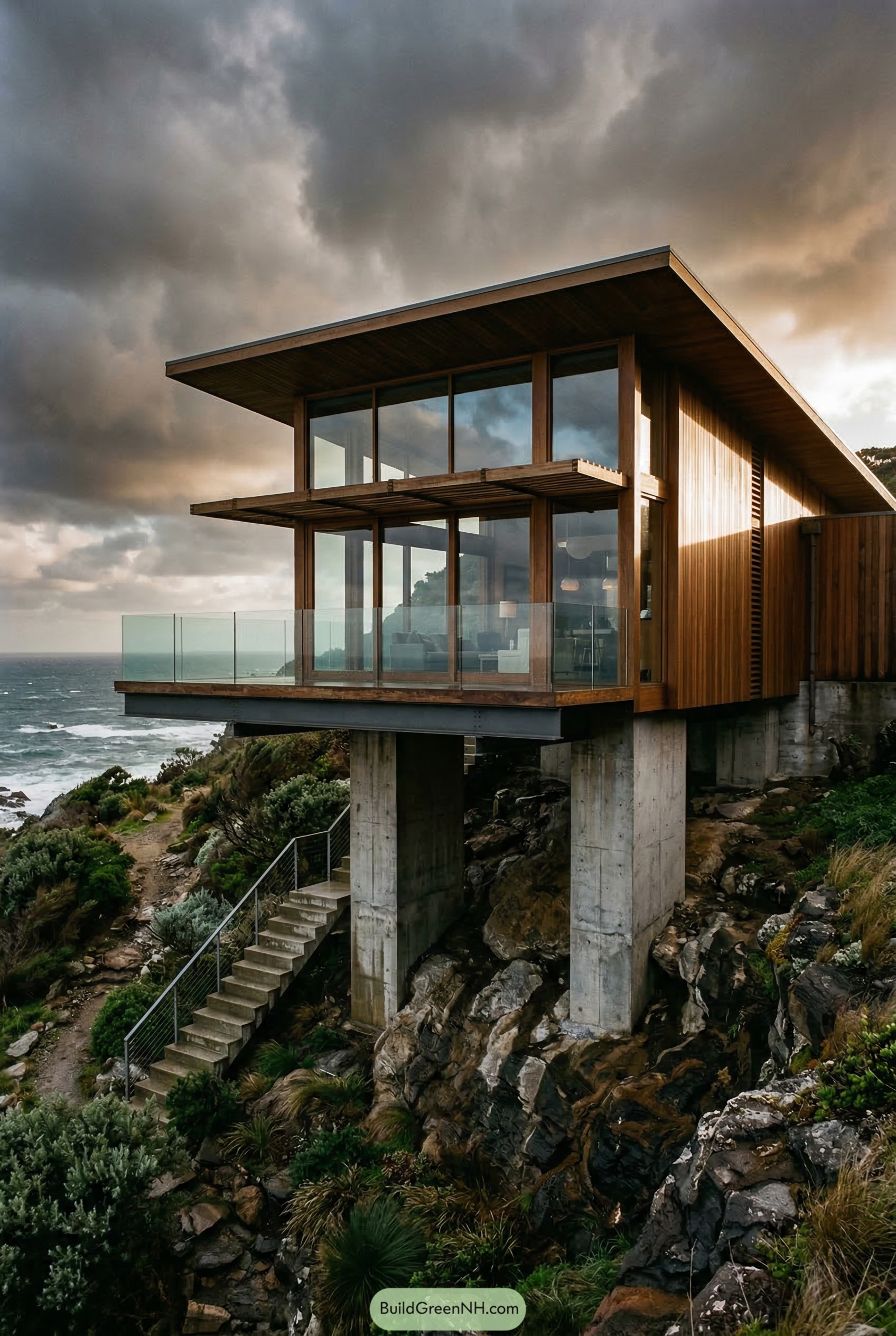 Wood clad cliff house on concrete stilts