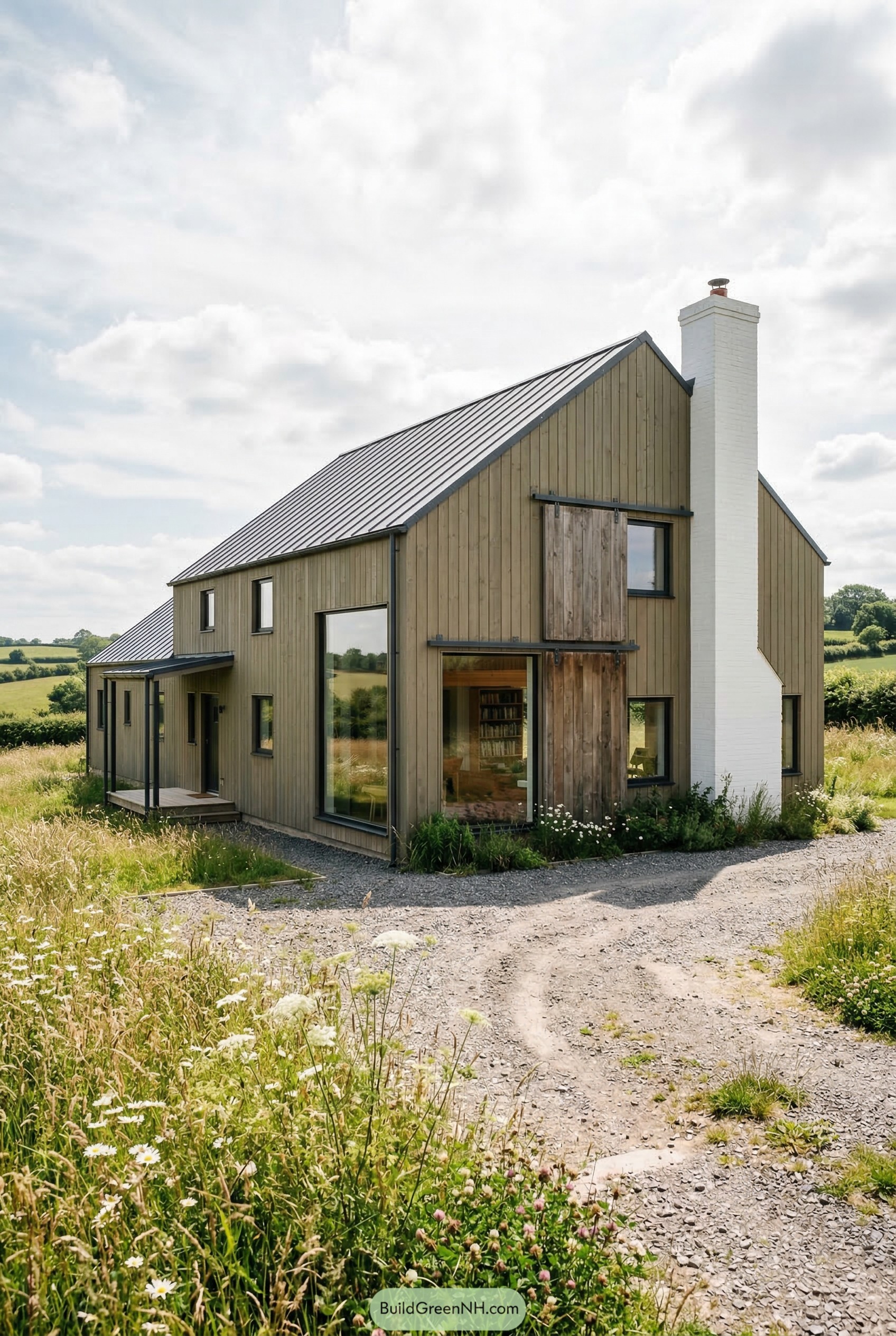 Modern timber farmhouse with metal roof and white chimney