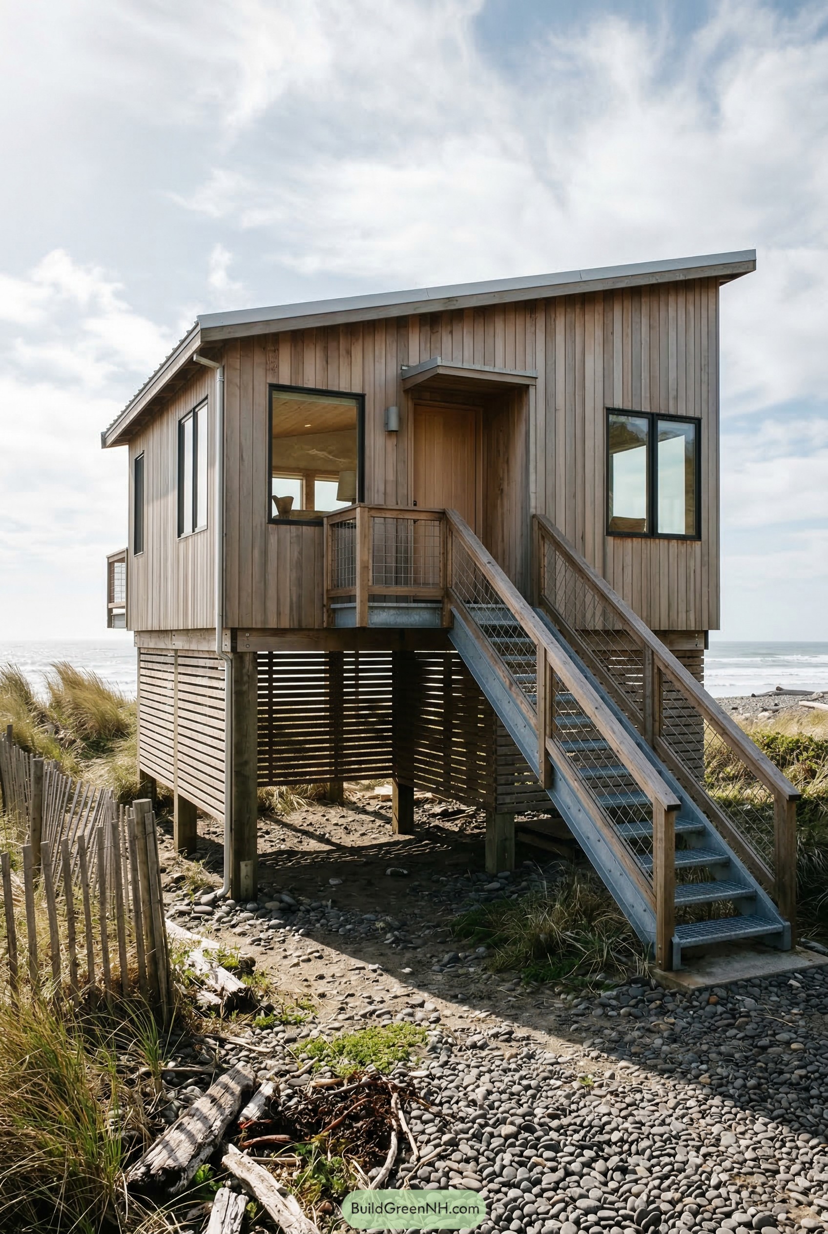 Wood coastal cottage on stilts with sloped roof
