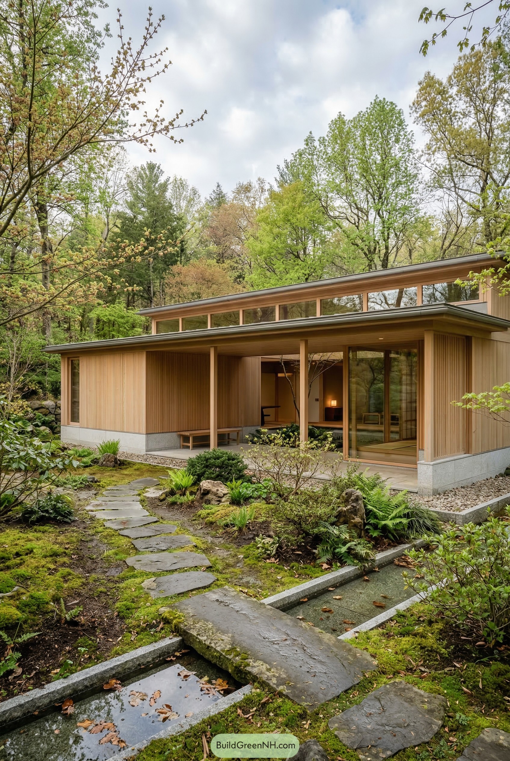 Wood clad modern house with moss garden and rill