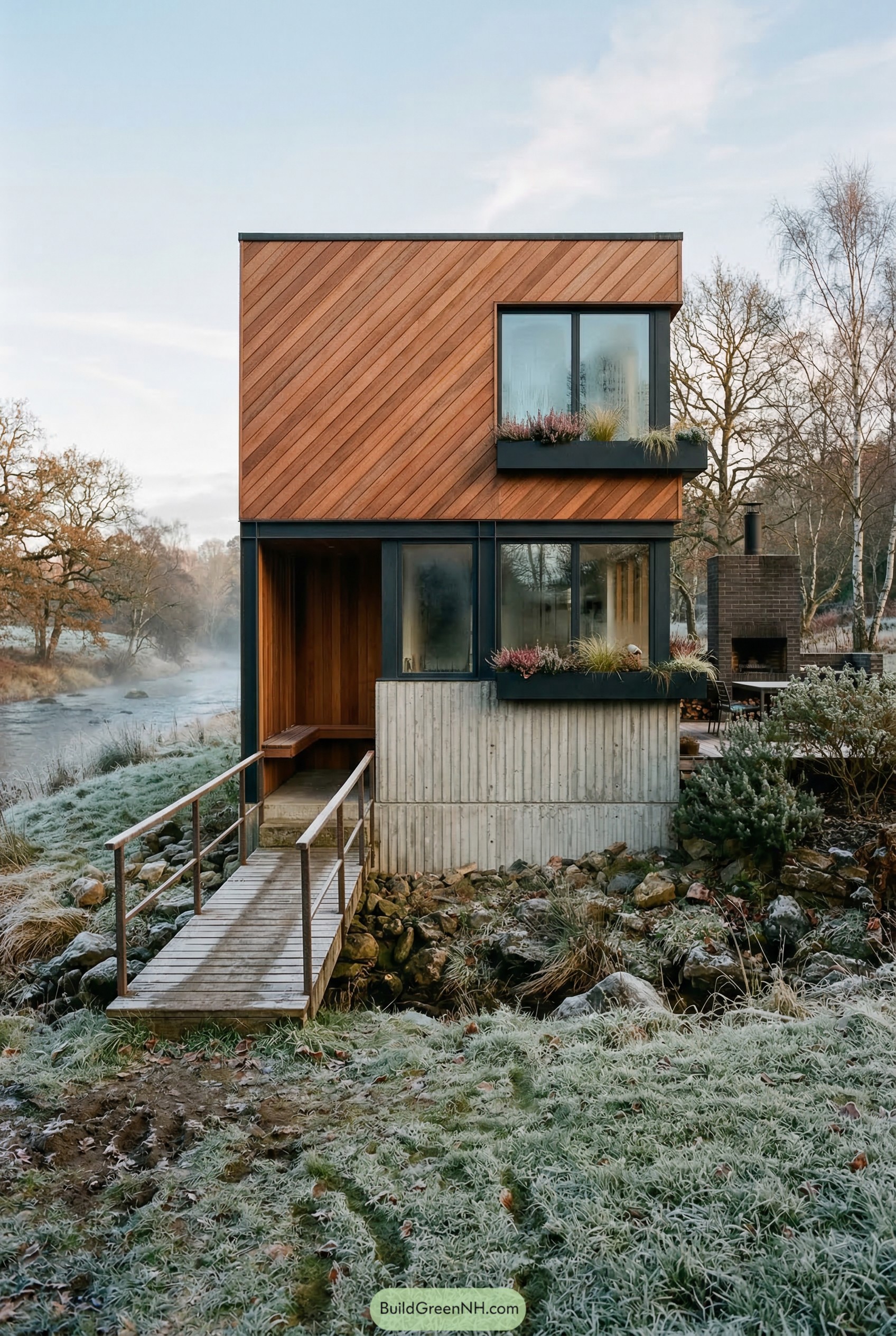 Modern wood clad cube house beside a frosty stream